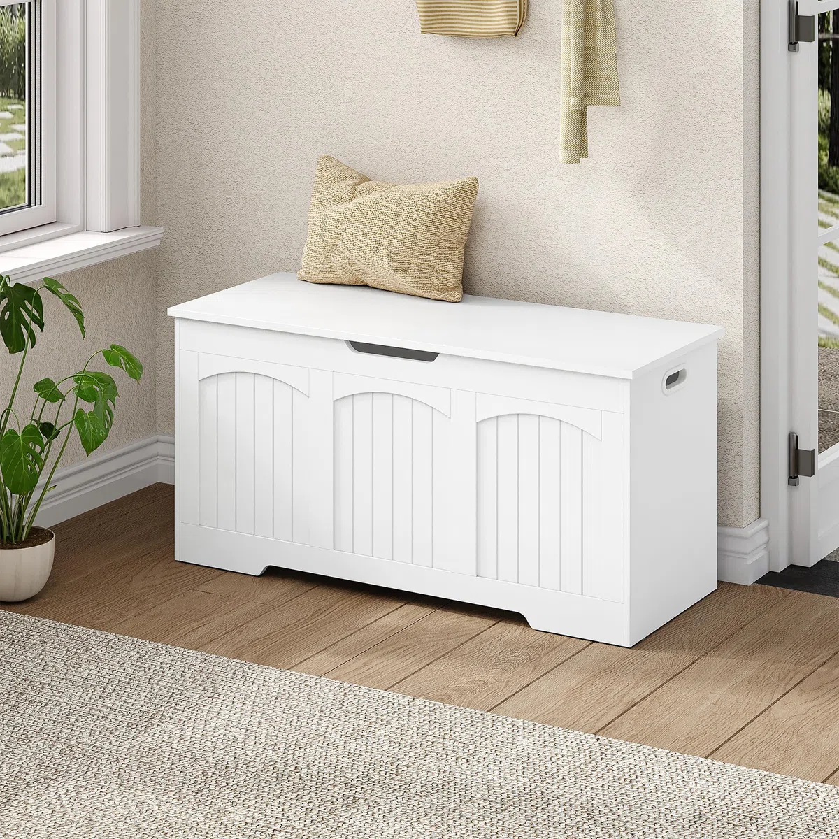 Puff Almacenaje, Baul Almacenaje Dormitorio, Banco de Seguridad y Asas Laterales Ahuecadas, para el Recibidor, el Dormitorio, 100 x 40 x 48 cm, Blanco FFXD103PW1