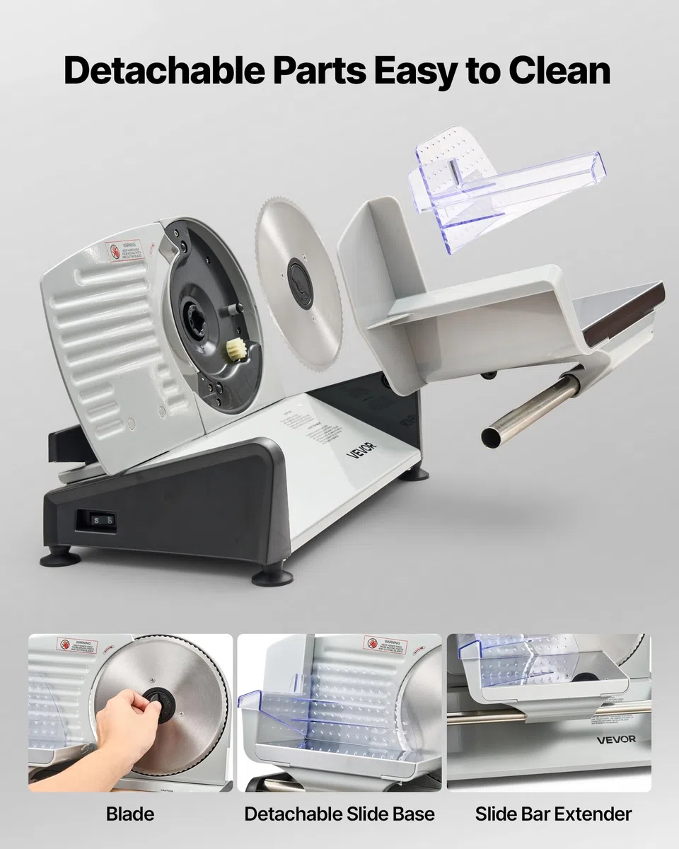VEVOR Cortafiambres Eléctrico 200 W, Cortadora de Fiambre con Cuchilla Afilada de 190 mm, Velocidad de Corte de 70 a 100 RPM, Grosor Ajustable de 0 a 15 mm, para Carne Congelada, Jamón, Baguette
