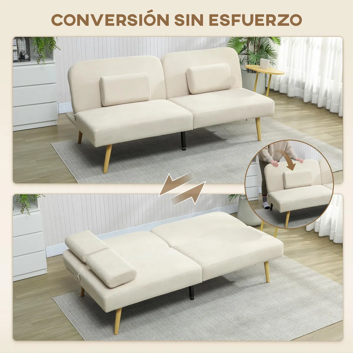 HOMCOM Sofá Cama de 3 Plazas con Mesa Auxiliar, 3 en 1, Sofá Cama Convertible con Respaldo Ajustable, Apertura Clik-Clak, 2 Almohadas para Reposabrazos y Patas de Metal, 196x86x81 cm, Beige