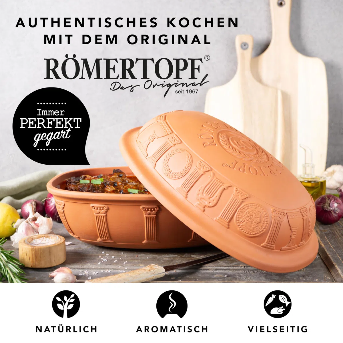 Römertopf JUBILÄUM - Cacerola para 6 personas (3,5 L, con tapa de cerámica, para guisar, asar y cocer al vapor, apta para horno