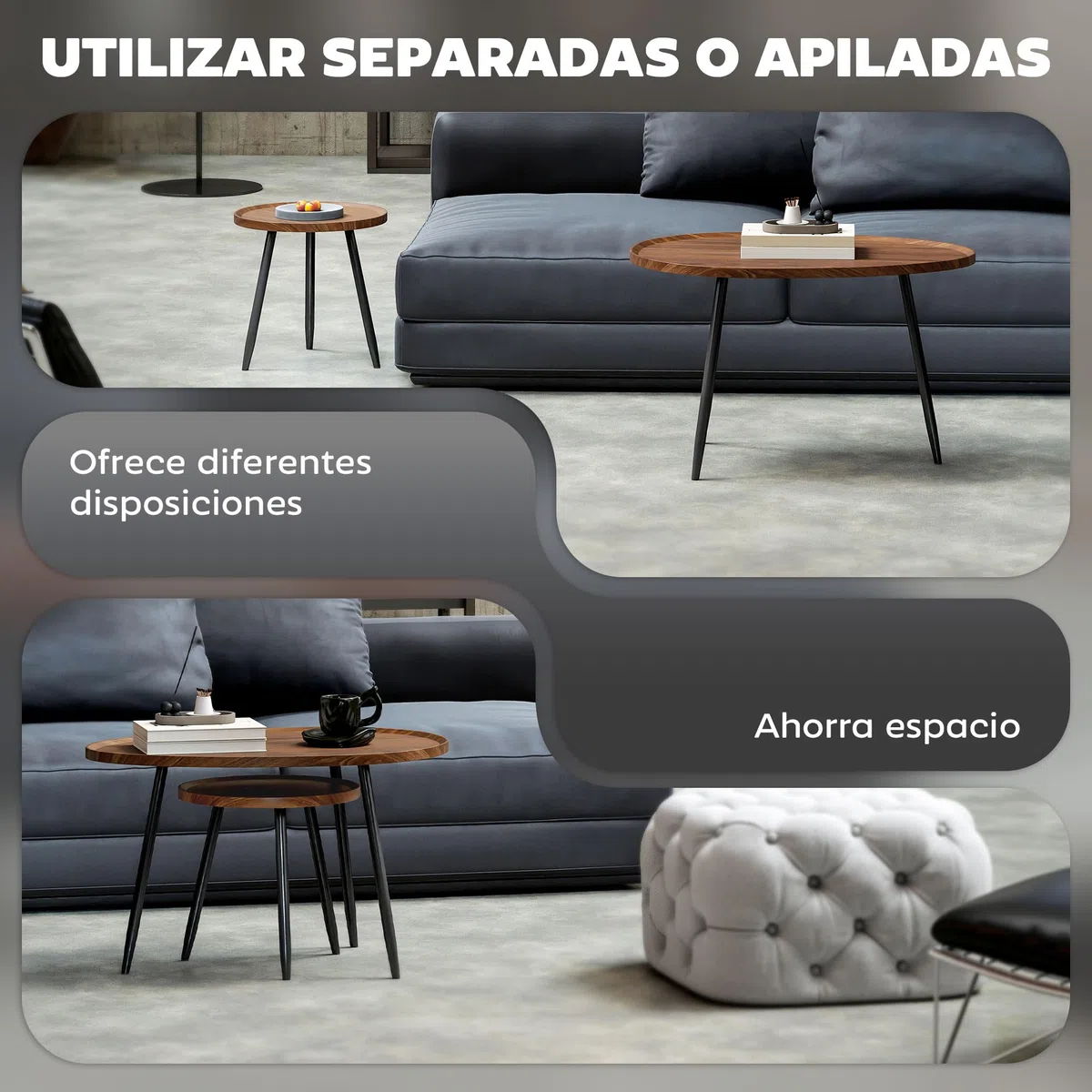 HOMCOM Juego de 2 Mesas Auxiliares Apilables Mesas Nido Mesitas de Café Estilo Moderno con Marco de Metal para Salón Dormitorio Oficina 80x55x49 cm y Ø40x39 cm Efecto Madera y Negro