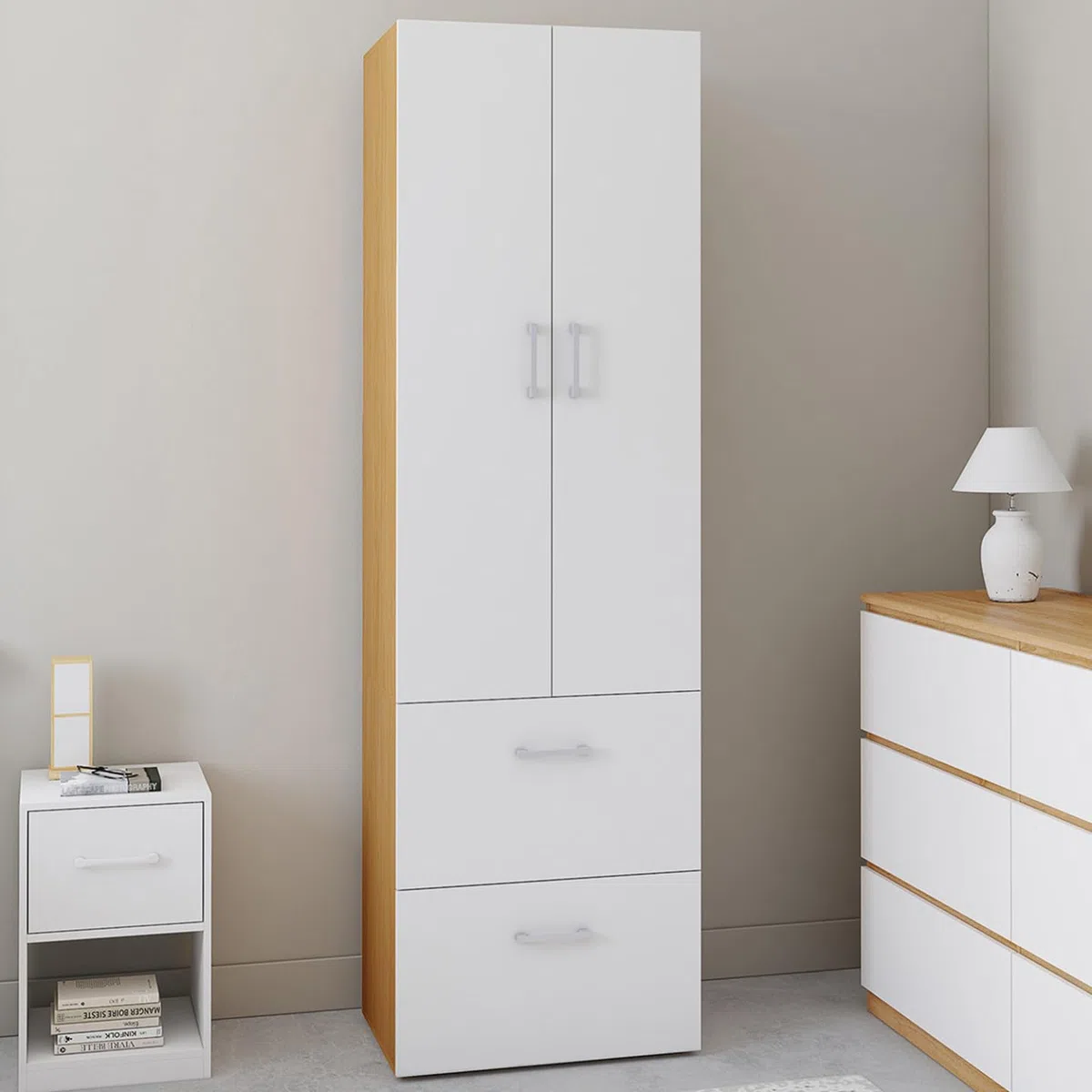 IDMarket - Armario Juliana de 2 puertas blanco y madera armario 50 cm con 2 cajones