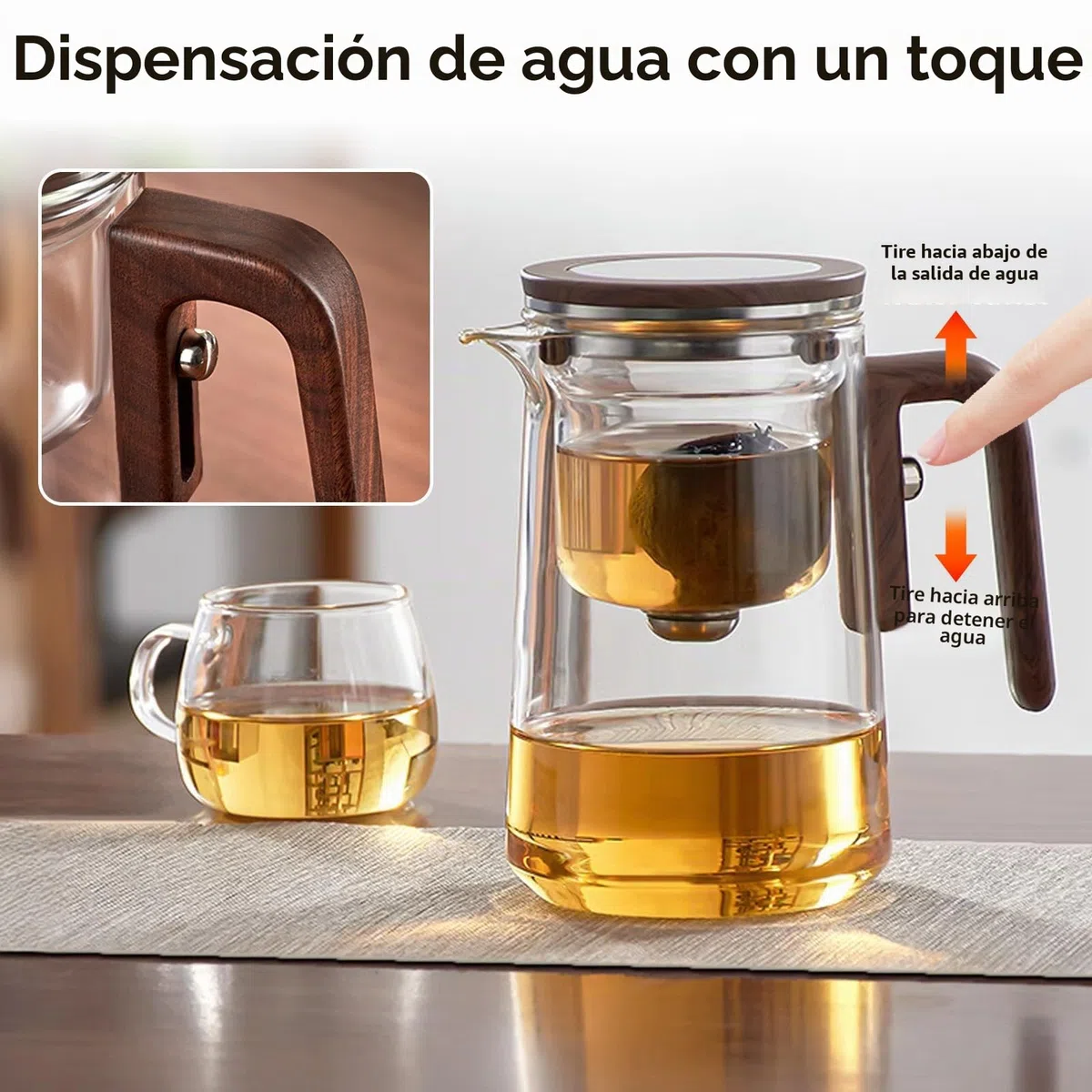 Tetera de cristal para separación de agua con filtro y mango de madera - Tetera mágica, diseño innovador para disfrutar del té uniformemente, tetera transparente con infusor