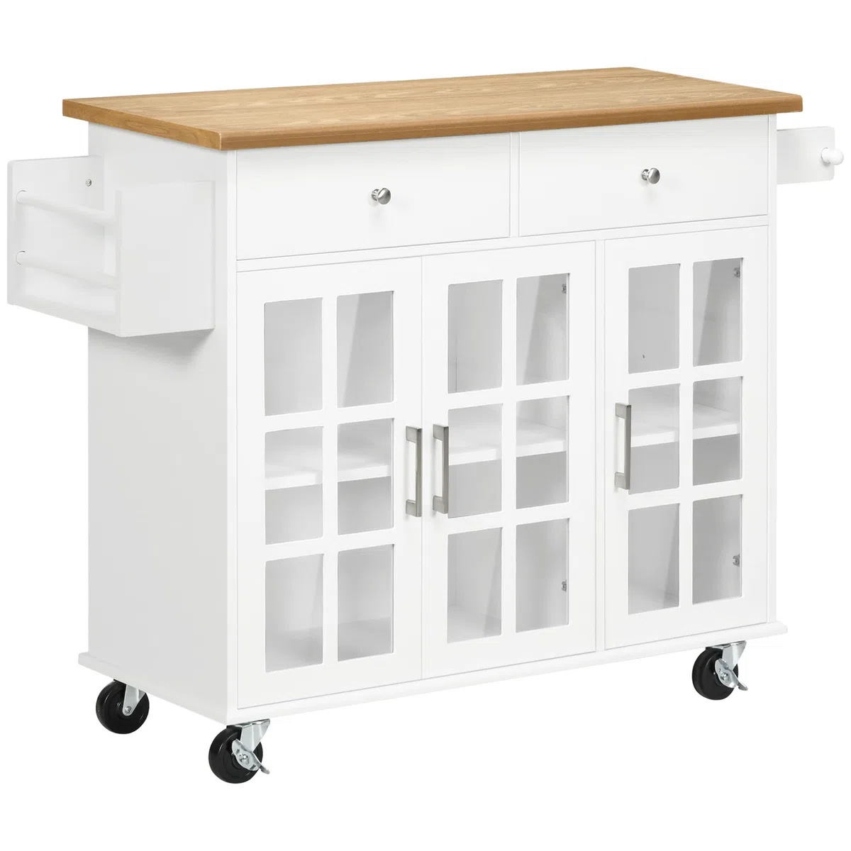 HOMCOM Carro de Cocina Isla de Cocina con Ruedas Multifuncional con 2 Cajones 3 Puertas de Vidrio Templado Toallero y Especiero 124,5x39,5x90 cm Blanco