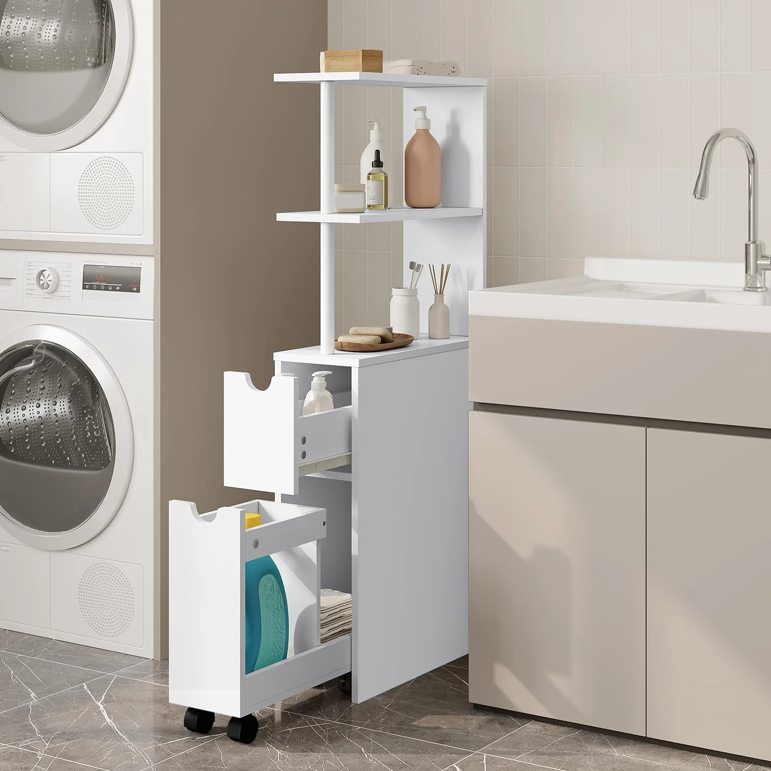 EUGAD Mueble Auxiliar Baño, Armario Baño Estrecho, Columna con 2 Cajones y 2 Estantes, 19 x 45 x 113 cm, Armario Alto para Cocina, Salón, Dormitorio, Blanco 0207WY