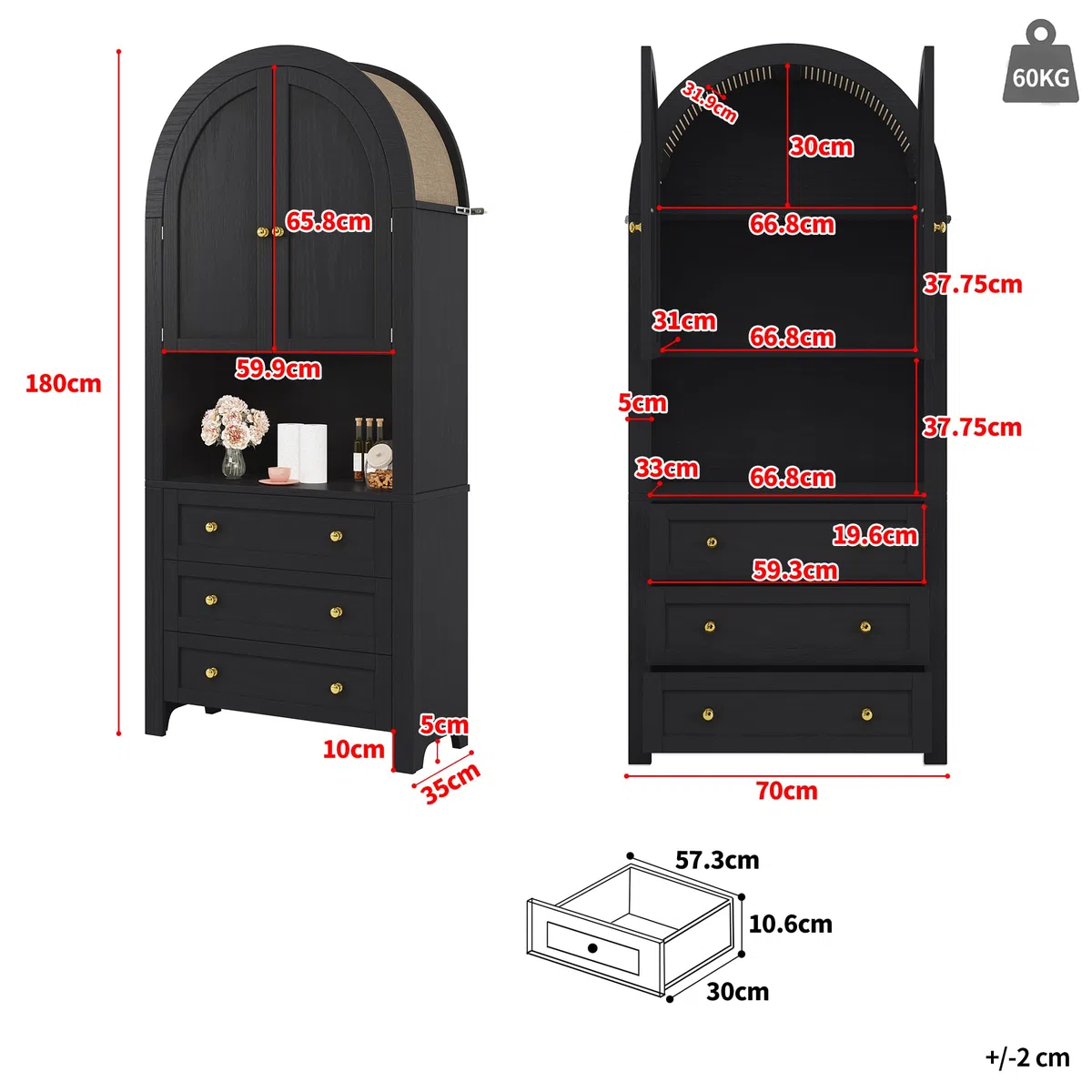 Merax Armario alto de 180 cm, armario multiusos con 2 puertas, 3 cajones, armario de almacenamiento abierto, armario de vitrina para salón, oficina, cocina, armario de cocina de arco alto, color negro