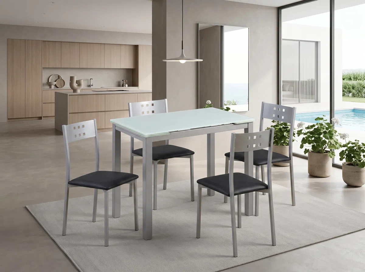 MOMMA HOME Mesa de Cocina o salón Extensible Moderna, CALCUTA, Color Blanco/Plata - Material Cristal Templado/Metal 100/140 x 60 x 76 cm
