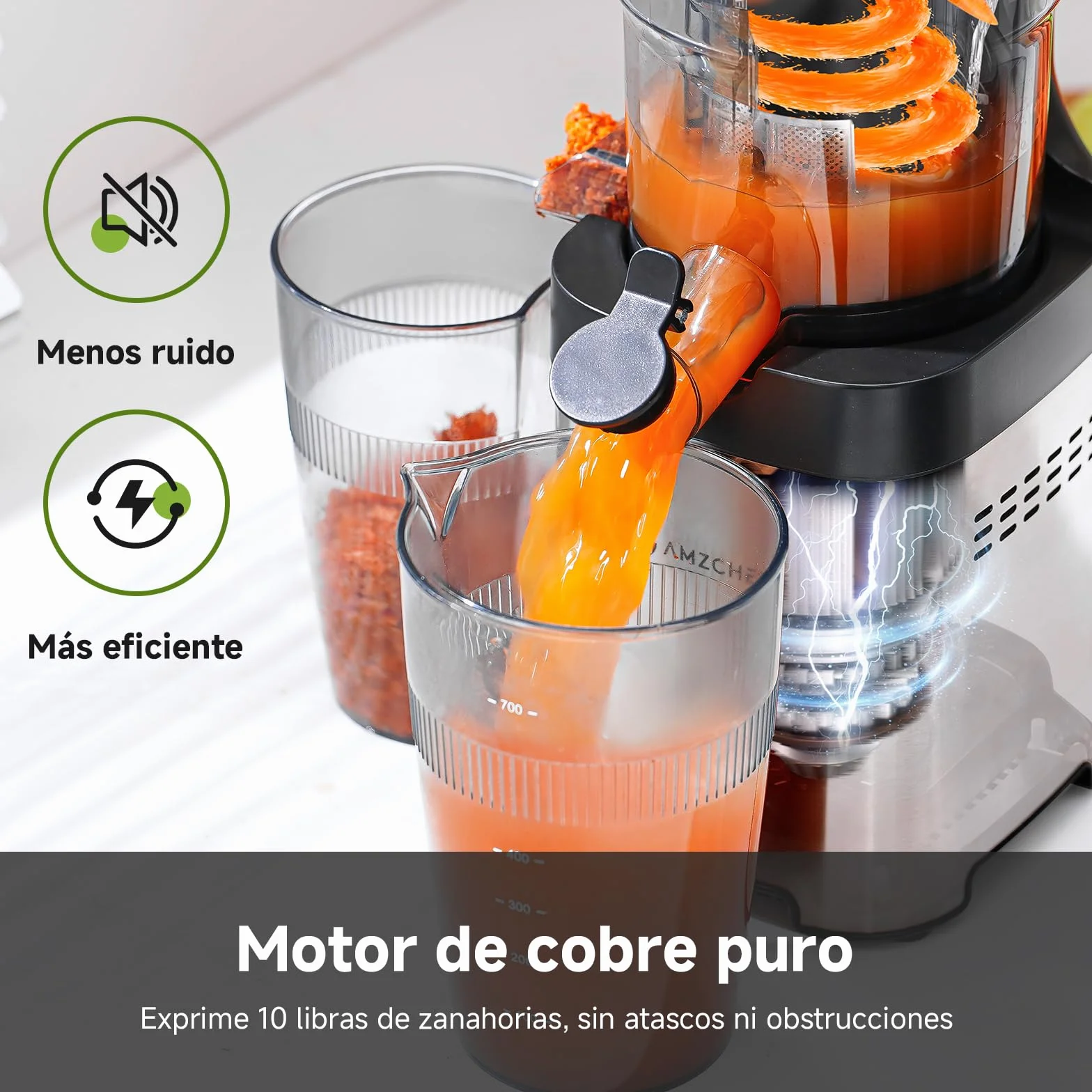 AMZCHEF Sin Preparación 120MM Slow Juicer - Limpieza Rápida Licuadora Prensado en Frio - Extractor 2L capacidad para verduras y frutas enteras [Clase de eficiencia energética A+++]
