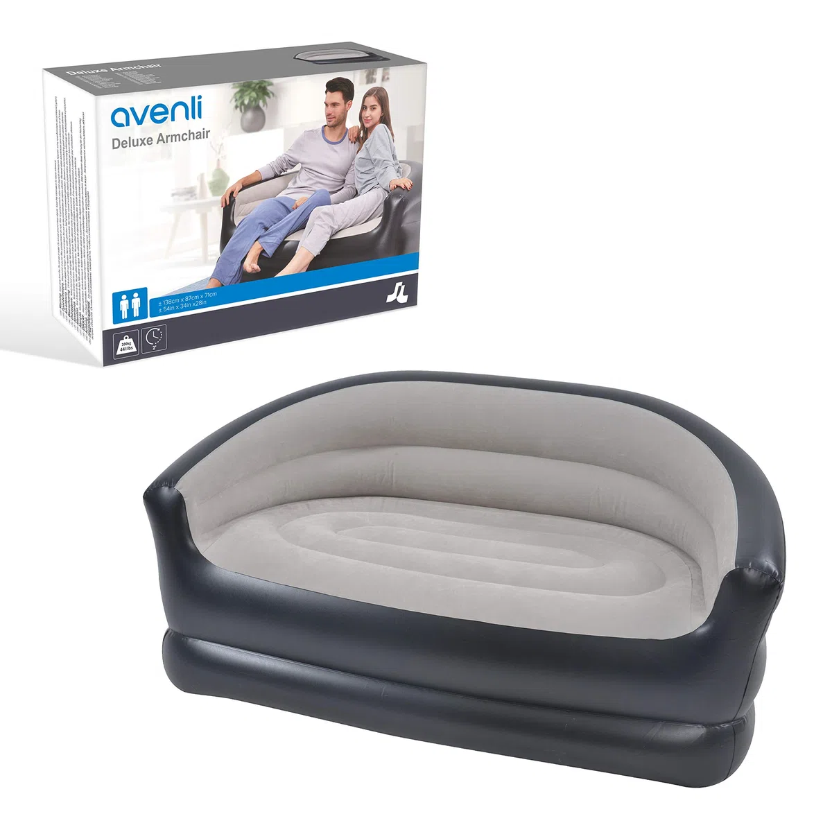 Avenli 98139 Sofá de Lujo para 2 Personas/reposabrazos incluidos/Material de Vinilo Duradero/Inflado fácil de 2 Minutos/Almacenamiento Plegable Plano/Superficie flocada