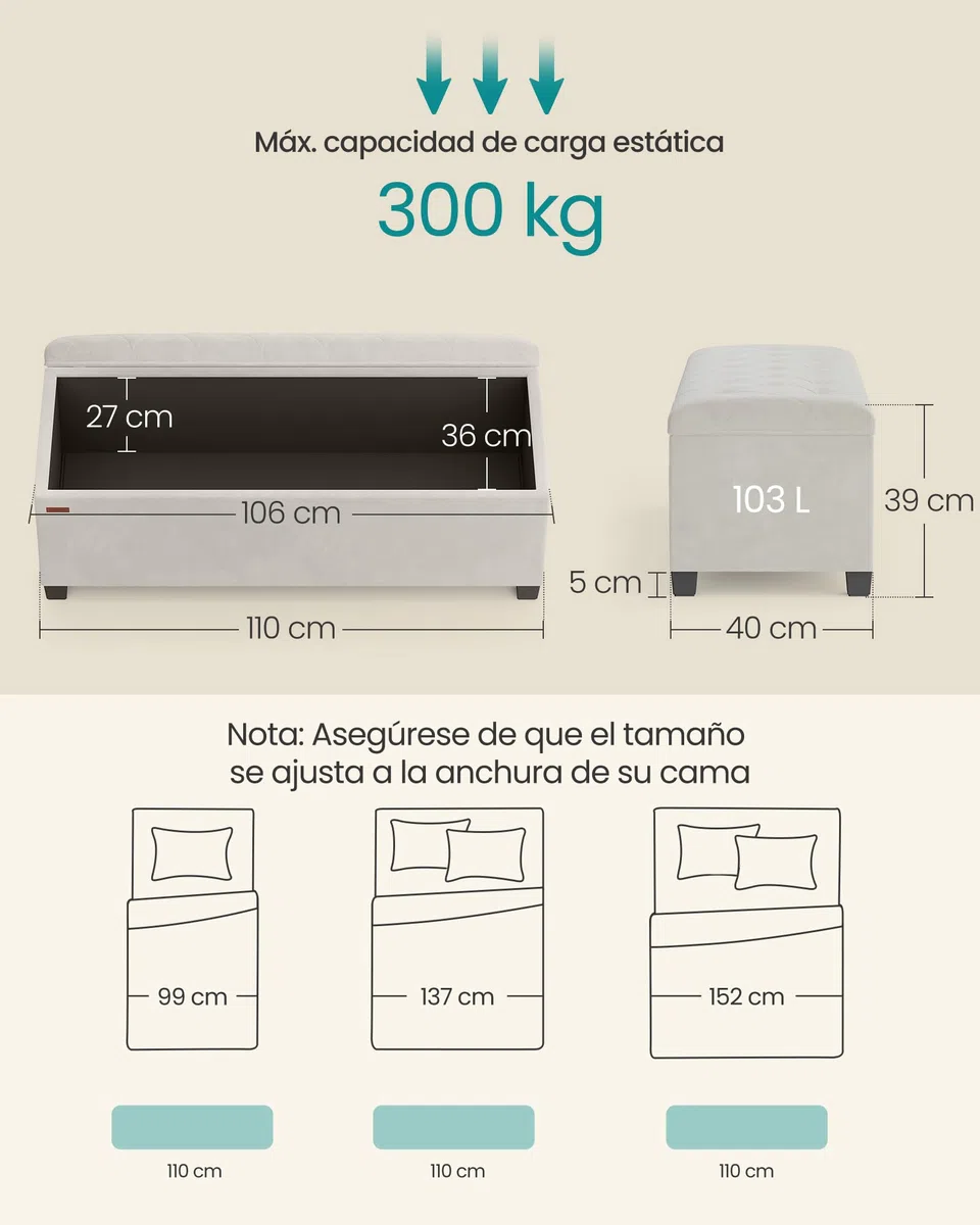 SONGMICS Puff Almacenaje, Baúl con Patas, 40 x 110 x 39 cm, Banco de Pie de Cama, Banco Almacenaje, Soporta hasta 300 kg, para Sala de Estar, Dormitorio, Entrada, Blanco Crema LSF089W01