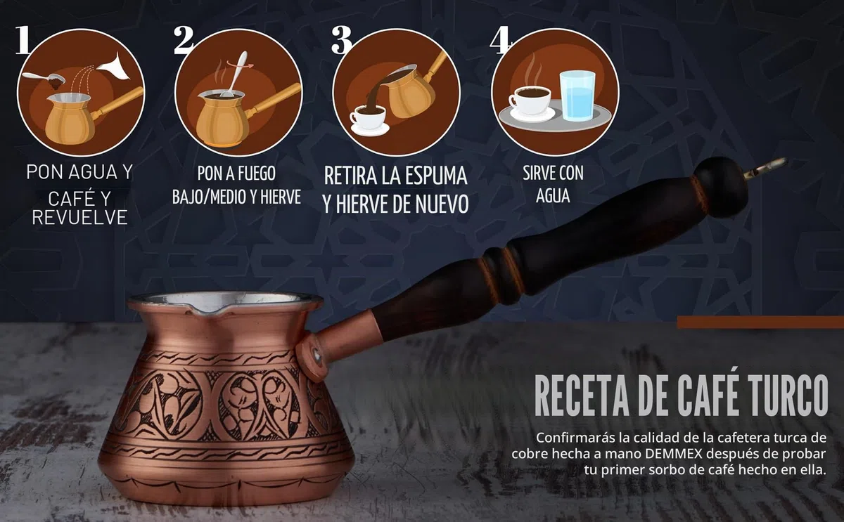 DEMMEX Cafetera Turca, Griega y Árabe de Cobre Más Grueso, Cafetera para Estufa, Cezve Ibrik Briki con Mango de Madera y Cuchara, (Grabada a Mano (270 ml))