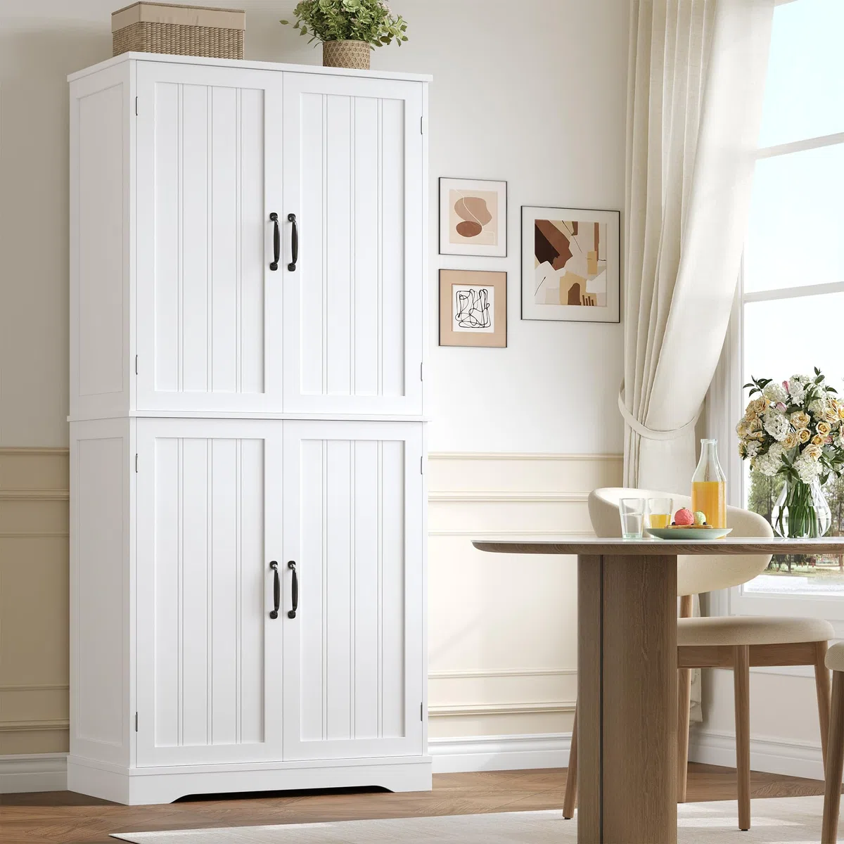 HOCSOK Armario de cocina, armario alto de 180 cm, armario buffet con 4 puertas, armario comedor para salón, cocina, 180 × 80 × 40 cm, color blanco