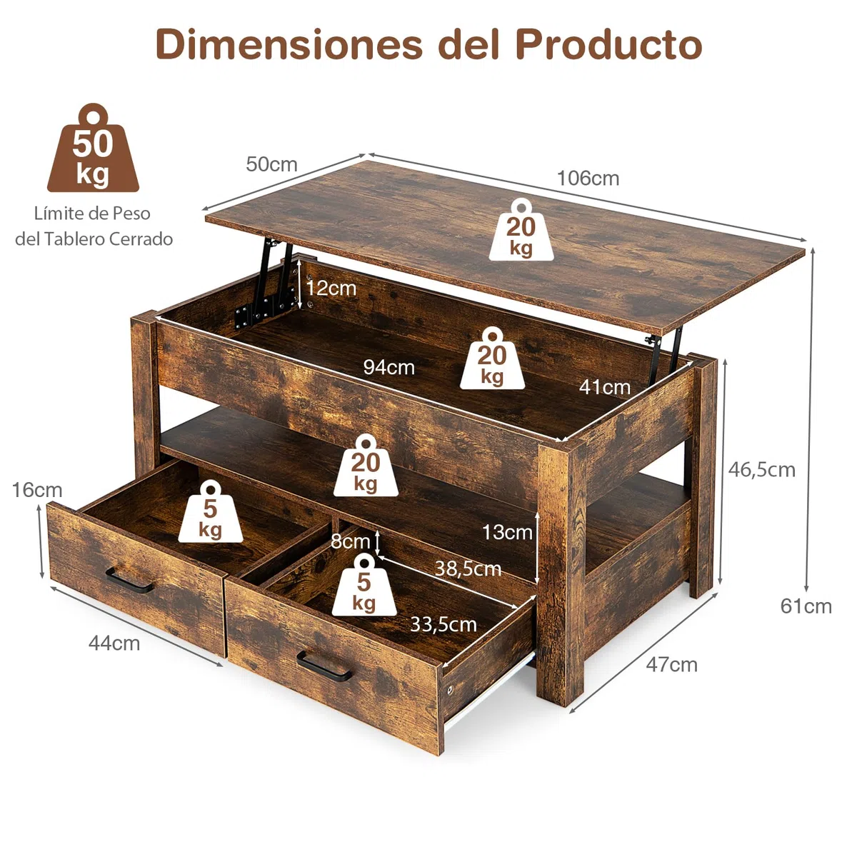 COSTWAY Mesa de Centro con Tablero Elevable, Mesa de Café Industrial con Compartimento, Estante de Almacenamiento y 2 Cajones, Mesita Mueble Salon con Sistema Neumático de Elevación del Tablero