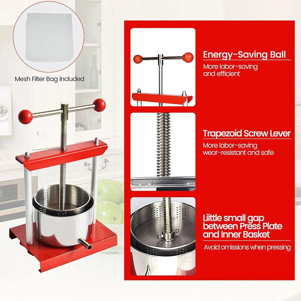 SQUEEZE master Prensa de frutas 0,8 galones/3 litros, tintura de queso hierbas fruta vino prensa manual, acero inoxidable y hierro para jugo, sidra, vino, aceite de oliva