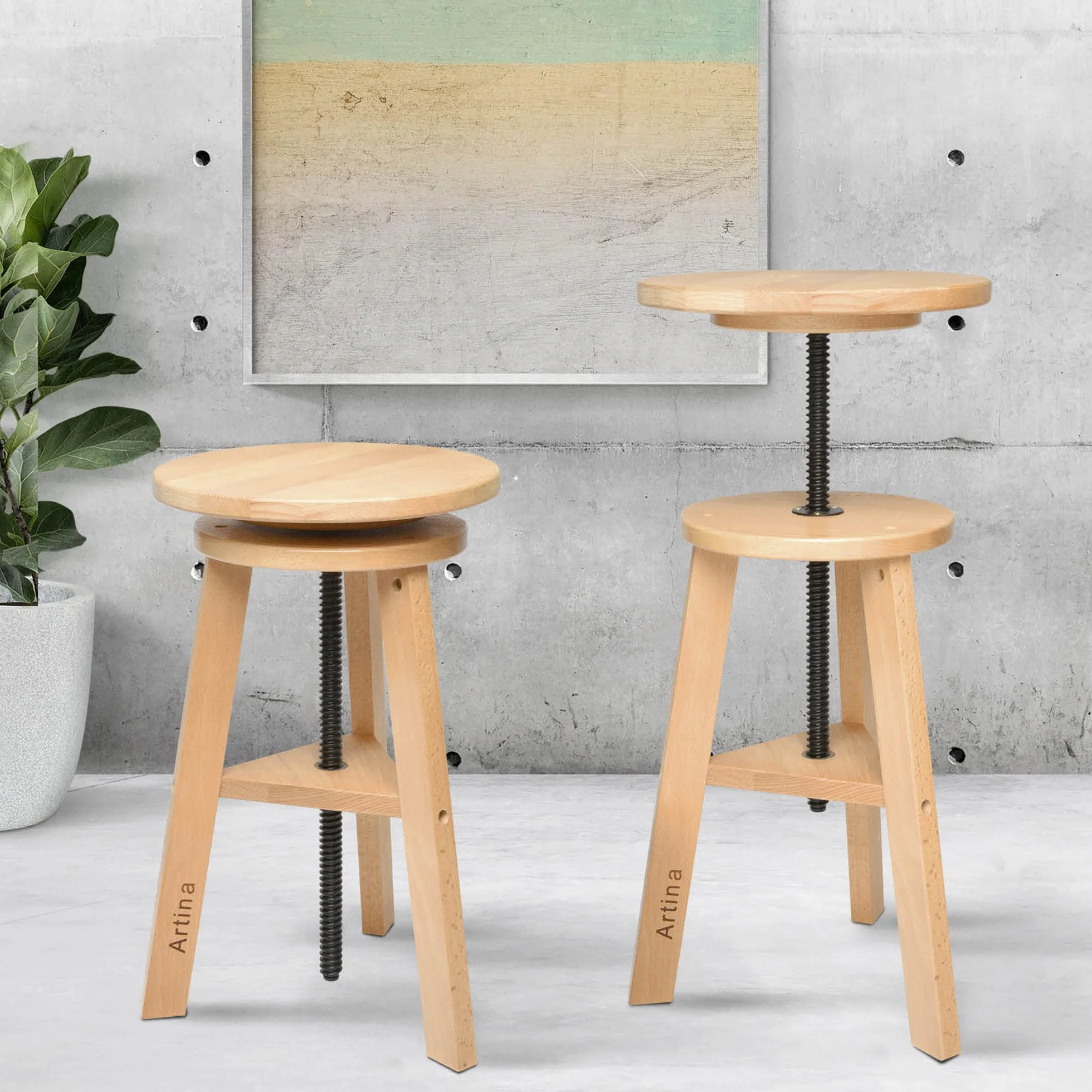 Artina Arles Taburete Redondo de Madera para Pintar – Taburete de Madera Ajustable en Altura, Taburete de Studio – Taburete de Taller con 3 piernas de Madera de Haya masiva – Taburete Giratorio