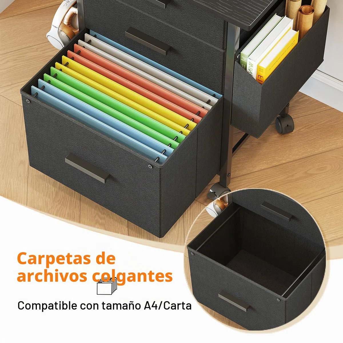 CAIYUN Archivador con Ruedas con 3 cajones y Ruedas para Documentos A4, tamaño Carta, Soporte para Impresora con un Ancho de 56 cm, diseño Industrial, Color Negro