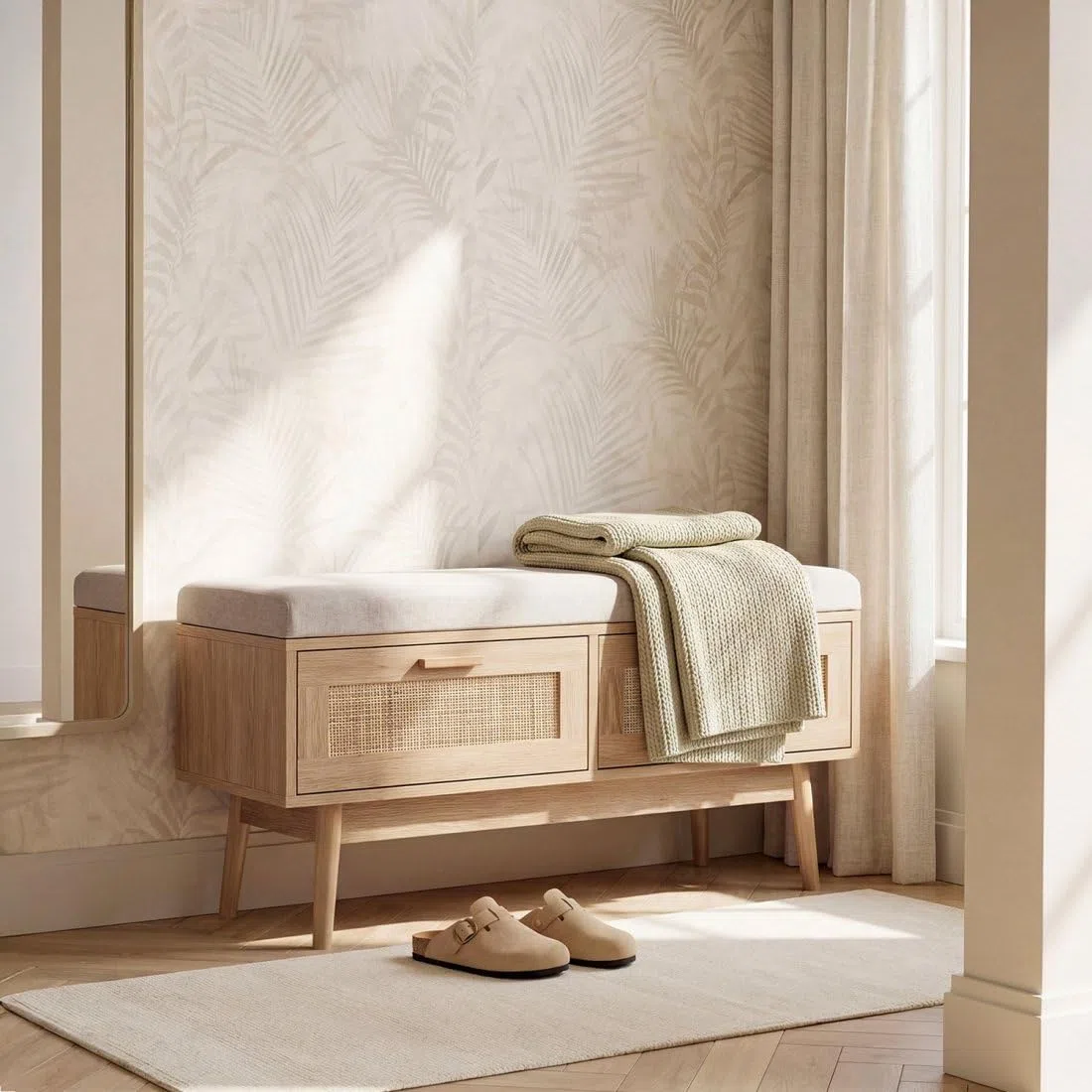 KLAST Banco en Madera y Ratán Natural con Cojín Tahiti, Incluye Dos Cajones y Aporta un Toque Natural y Confort a Cualquier Espacio.