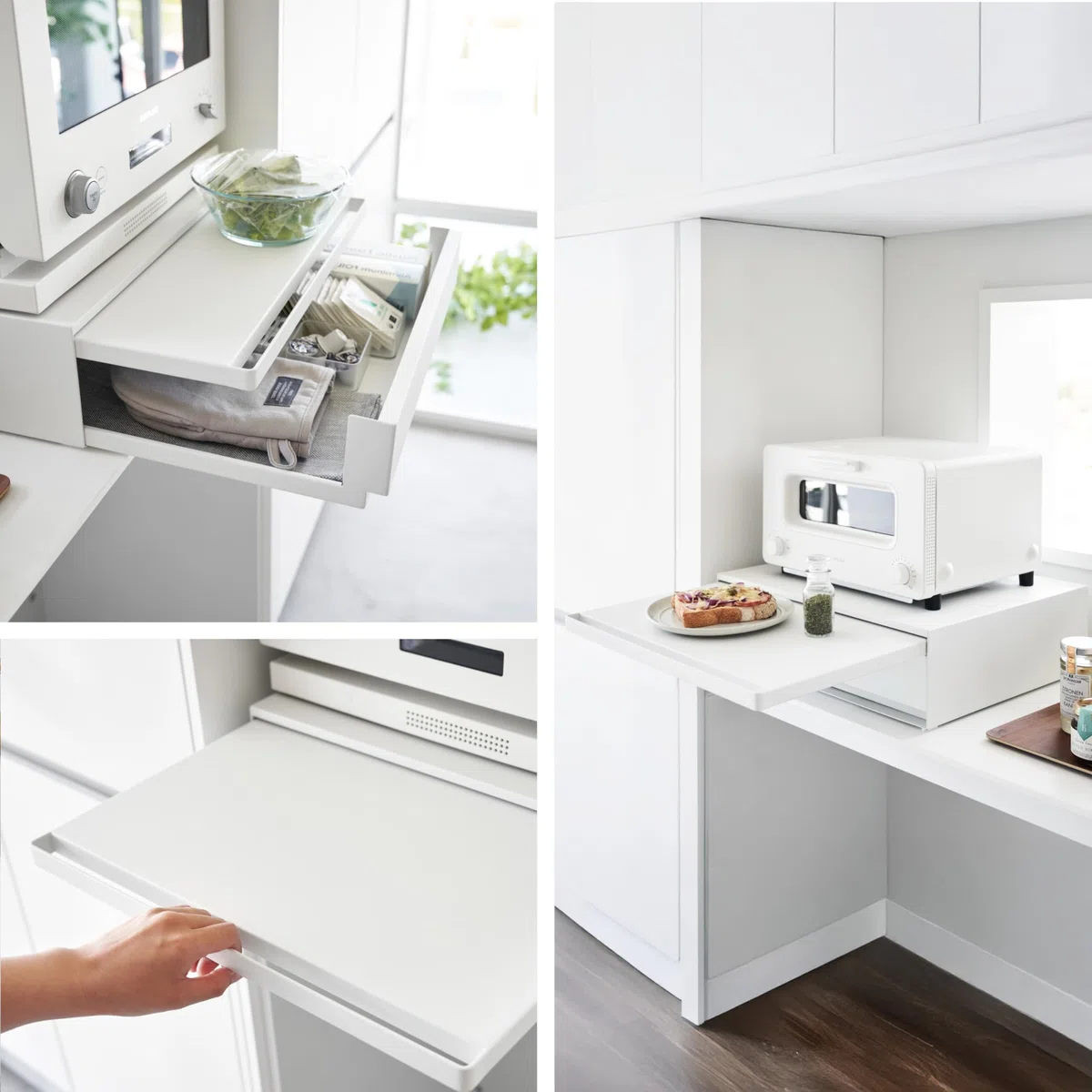 YAMAZAKI 2007 Tower Sliding Countertop Tray with Drawer, White, Steel/Polypropylene/Silicone, 45 x 39.3~64 x 13.5 cm