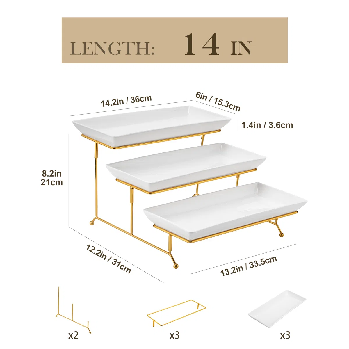 Bandejas 3 Pisos para Servir Comida, MALACASA Bandeja de Porcelana 36 x 15,3 cm, Bandeja para Fiestas con Soporte Plegable, Presentación de Alimentos, Fruta, Postres y Cupcakes, Blanco Dorado