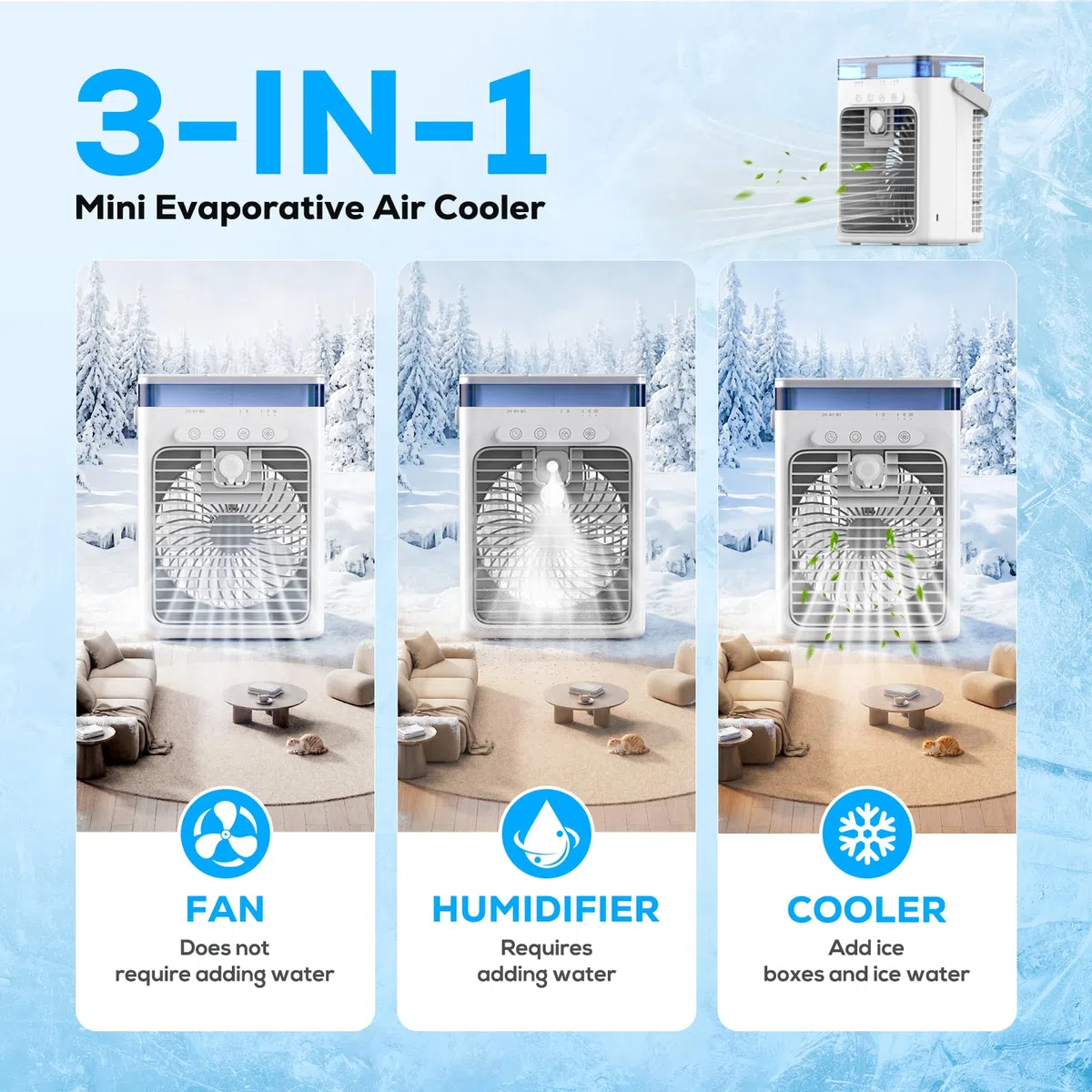 Aire Acondicionado Portátil, 3-en-1 Enfriador por Evaporación con 3 Velocidades y 2 Modos de Niebla, 1000ml Mini Aire Acondicionado, Ventilador USB con Luz RGB y Timer para Oficina Coche Camping