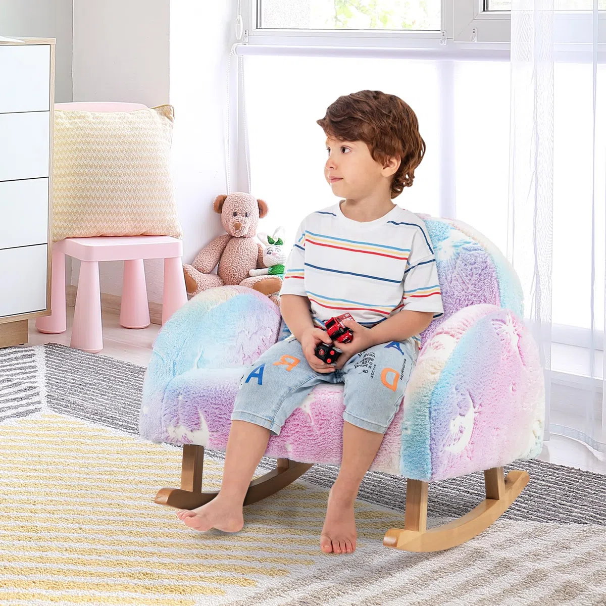 COSTWAY Silla Mecedora para Niños, Mecedora Infantil Acolchada de Franela con Patas de Madera de Álamo, Patrones Que Brillan en la Oscuridad, Respaldo Curvado, Sillón Cómodo para Dormitorio, Salon