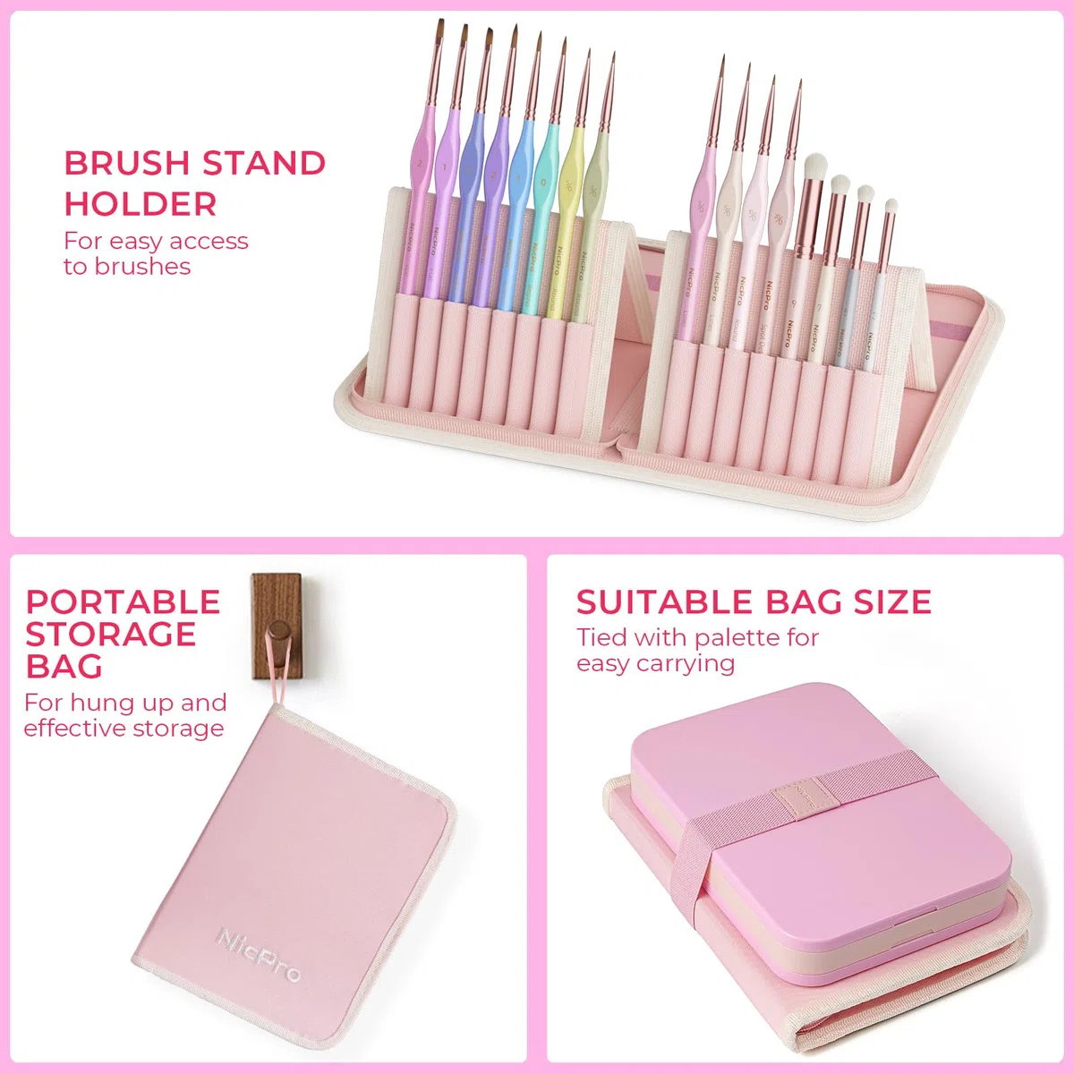 Nicpro Kit de pintura estética en miniatura, paleta húmeda y 16 pinceles de pintura de detalles pastel con bolsa de nailon, 100 piezas de papel de palé, 4 esponjas, paleta de pintura para figuras