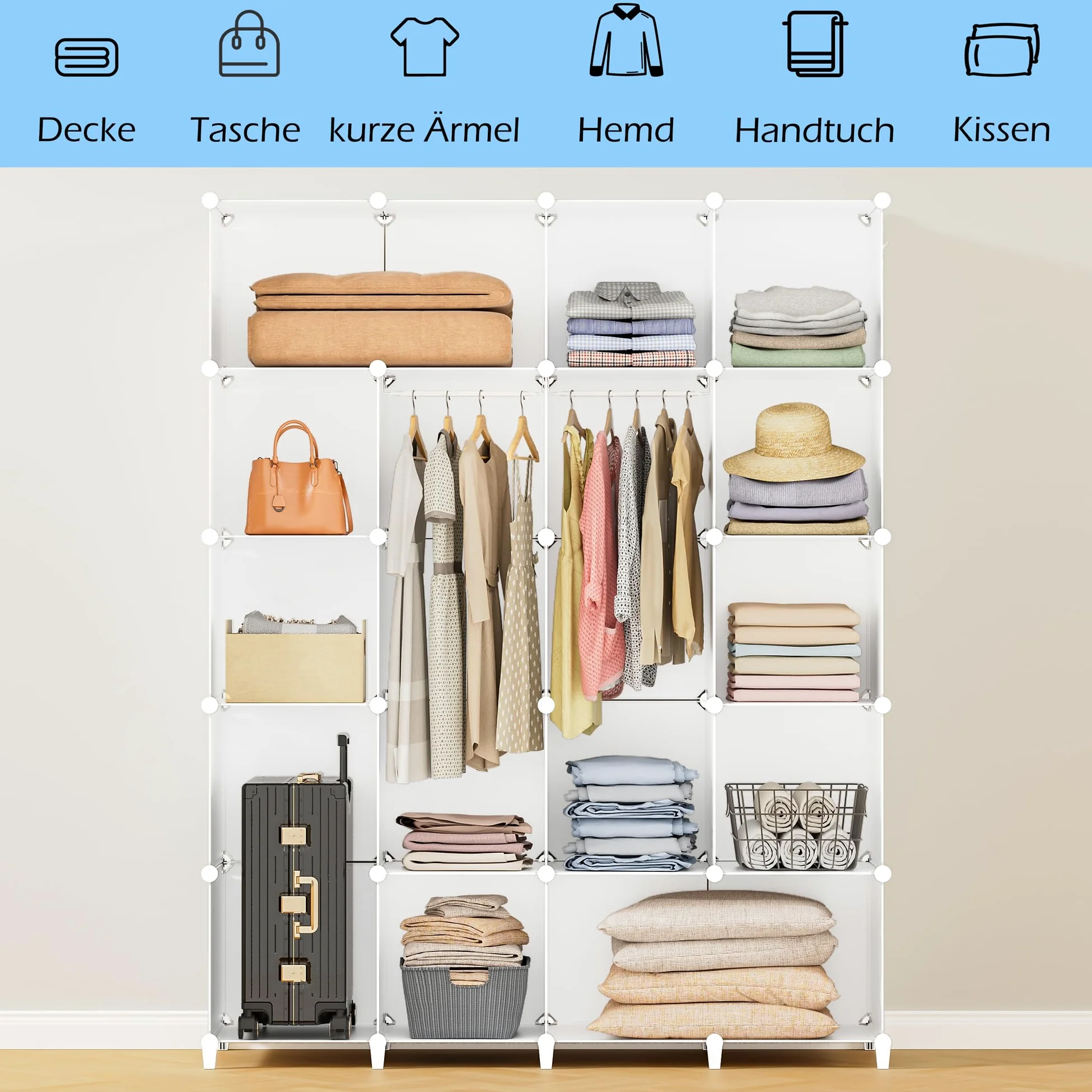 HOMIDEC Armario Modular, Guardarropa portátil de 20 Compartimentos para Dormitorio, Armario con Barra para Colgar Ropa, Compartimentos más Profundos Aptos para Perchas
