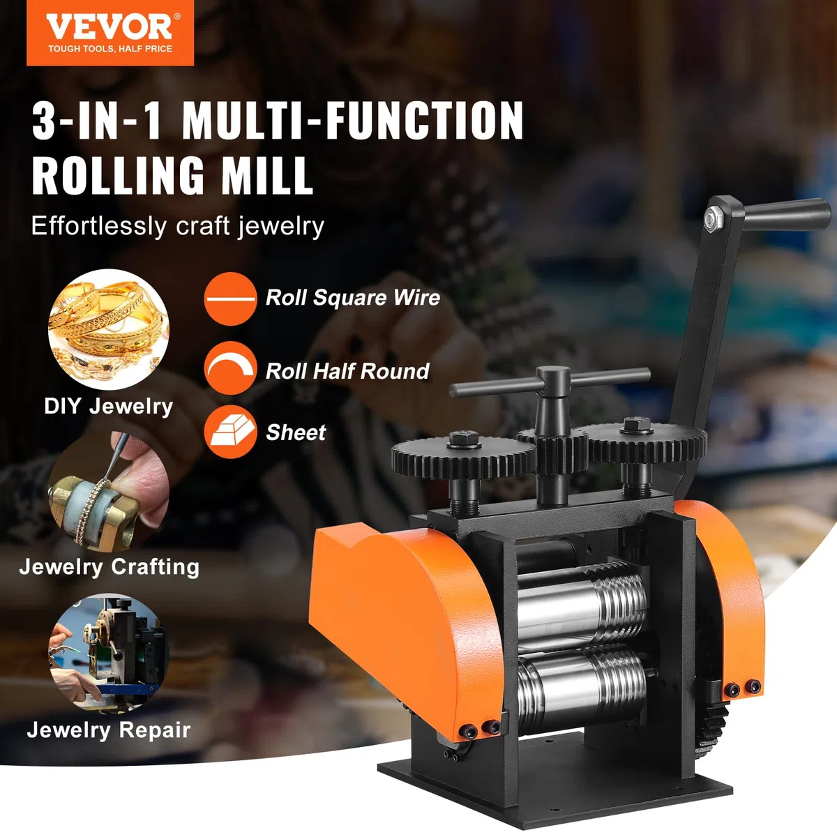 VEVOR Laminador de Joya Ancho 45mm Máquina Laminadora de Joyería Espesor 0-6mm Relación de engranaje ajustable 1:2,4 para fabricación de joyas Procesamiento Chapa Metal Oro Plata Anillo Pulsera Taller