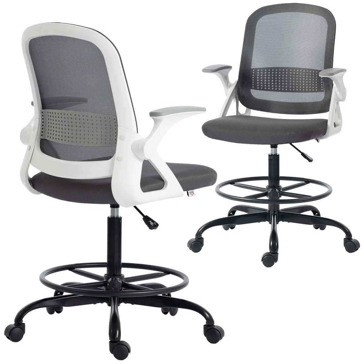 HOMCOM Silla de Escritorio de Malla, Silla de Dibujo con Reposabrazos Abatibles, Altura Ajustable, Soporte Lumbar, Reposapiés, Ruedas Giratorias para Oficina, Estudio, Gris