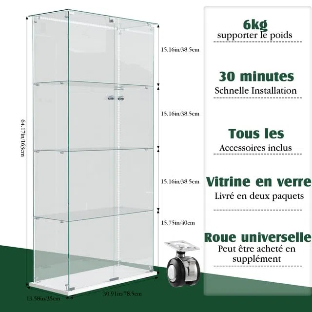 Vitrina de Cristal con LED y Cerradura, Armario Vitrina 78,5 x 35 x 163 cm, Vitrinas de Exposición de 4 Niveles con Estantes Regulables, Mueble Vitrina para Salón, Oficina, Figuras y Libros,Blanco-D