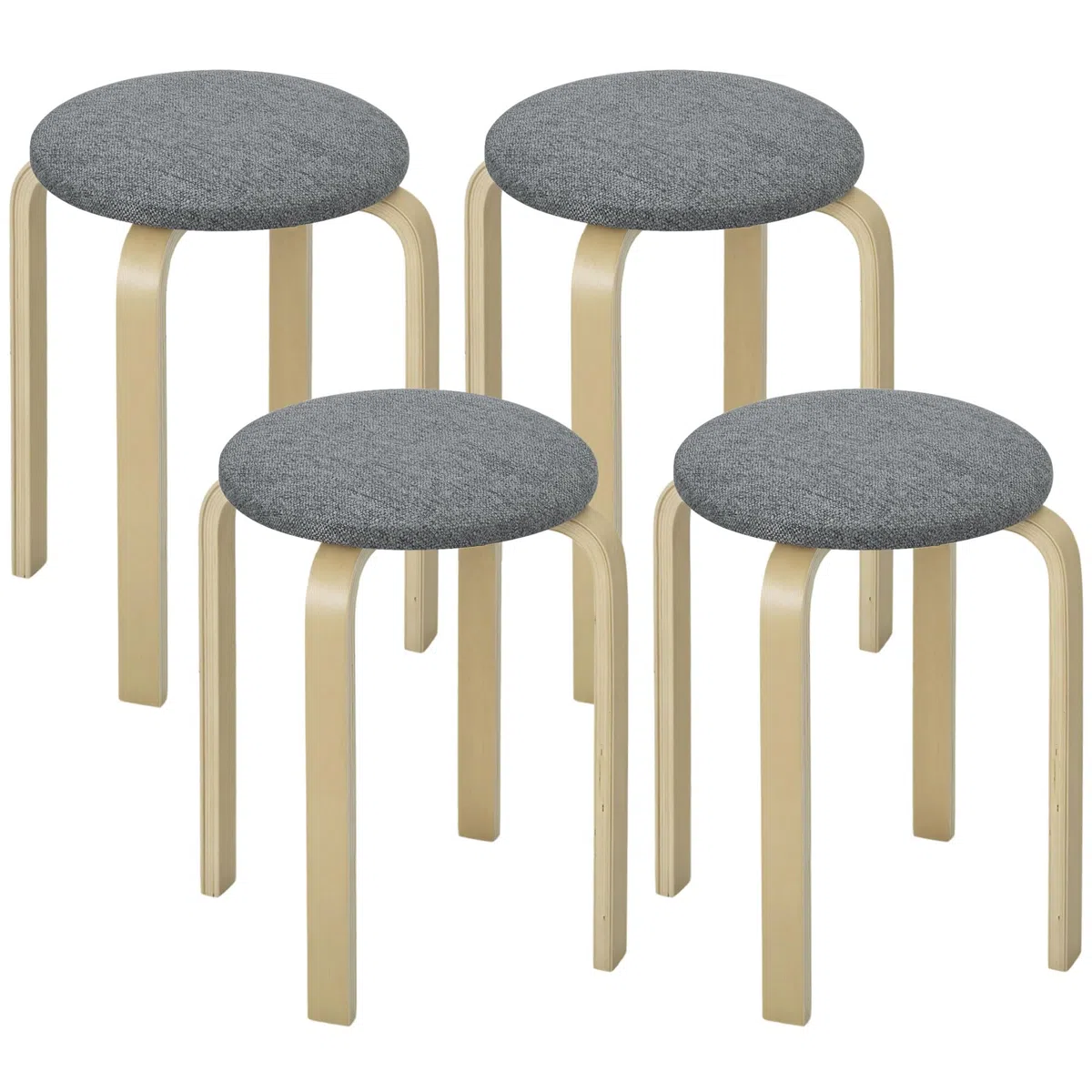 HOMCOM Juego de 4 Taburetes Apilables Redondos Taburetes Bajo de Cocina de Madera con Asiento Acolchado para Comedor Dormitorio Oficina Salón Gris y Natural
