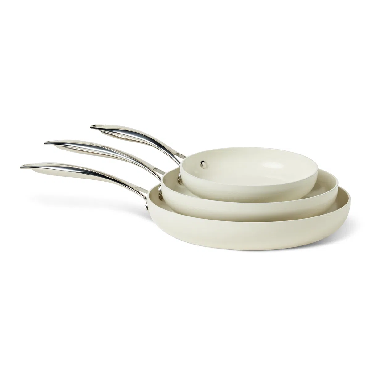 Amazon Basics Batería de Cocina Antiadherente de Cerámica, Juego de 3 Sartenes, Compatibles con Todo Tipo de Fuegos, Aptas para Lavavajillas, Marfil