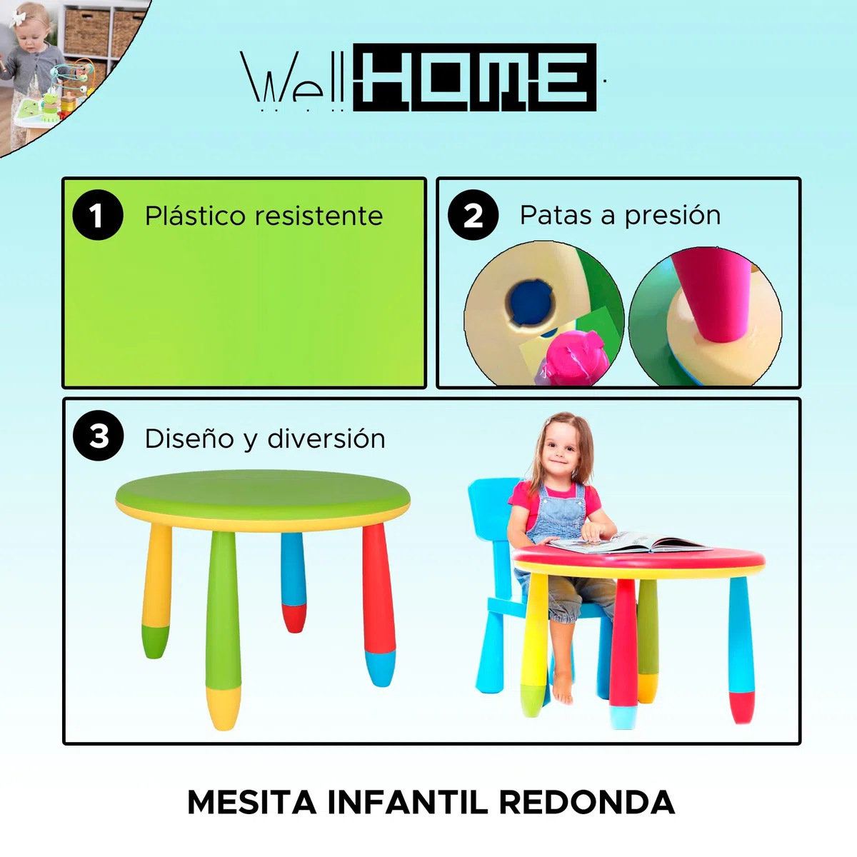 WELL HOME MOBILIARIO & DECORACIÓN Mesita Infantil Redonda Verde, en plástico, Ø70 x H.48cm