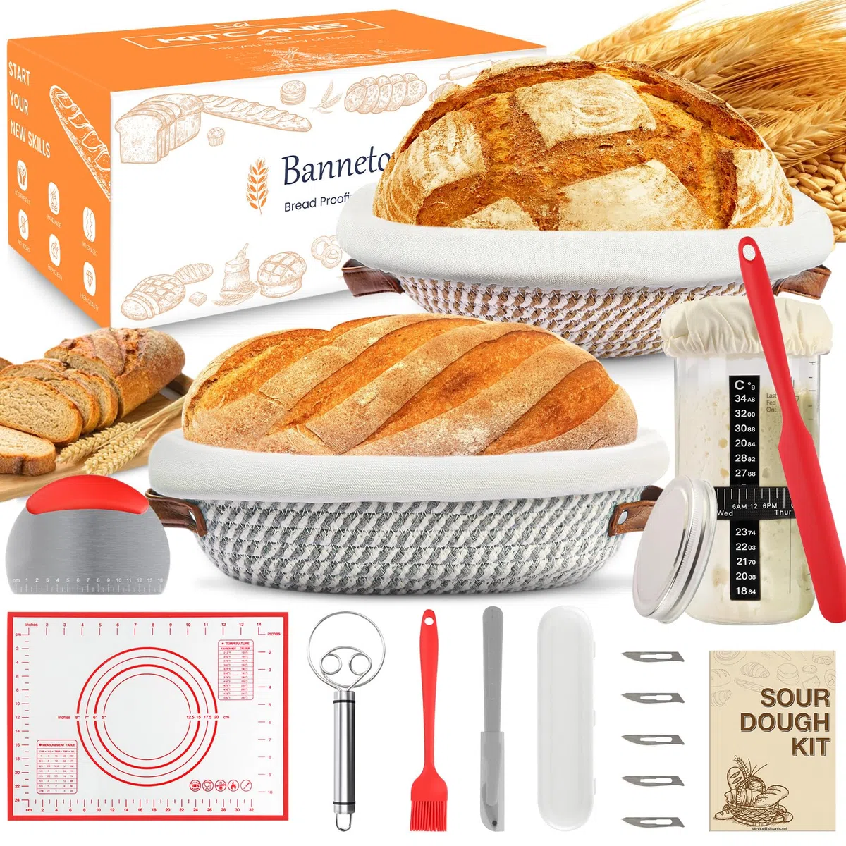 Cesta para levar pan, cesta de fermentación, kit de inicio para pan de masa madre, banneton, regalos para hornear para panaderos, mujeres, esposas, mamás y amigas