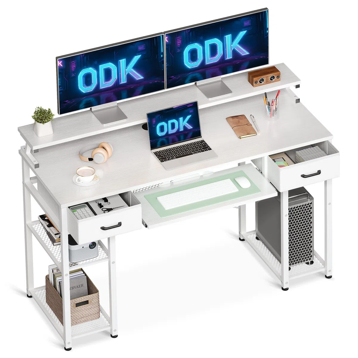 ODK Escritorio de Ordenador, 120x48cm Escritorio con 2 Cajones y Bandeja para Teclado, Escritorio de Oficina con Soporte para Monitor, Mesa de Escritorio con Estante Reversible para Oficina, Blanco