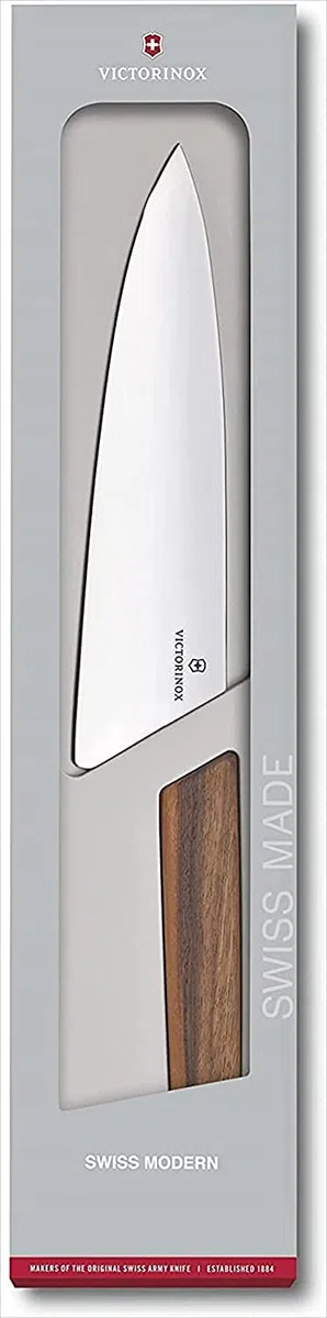 Victorinox Swiss Modern, Cuchillo profesional para trinchar, Hoja extra afilada, afilado recto, 20 cm, Elegante mango de madera, Acero inoxidable, Marrón