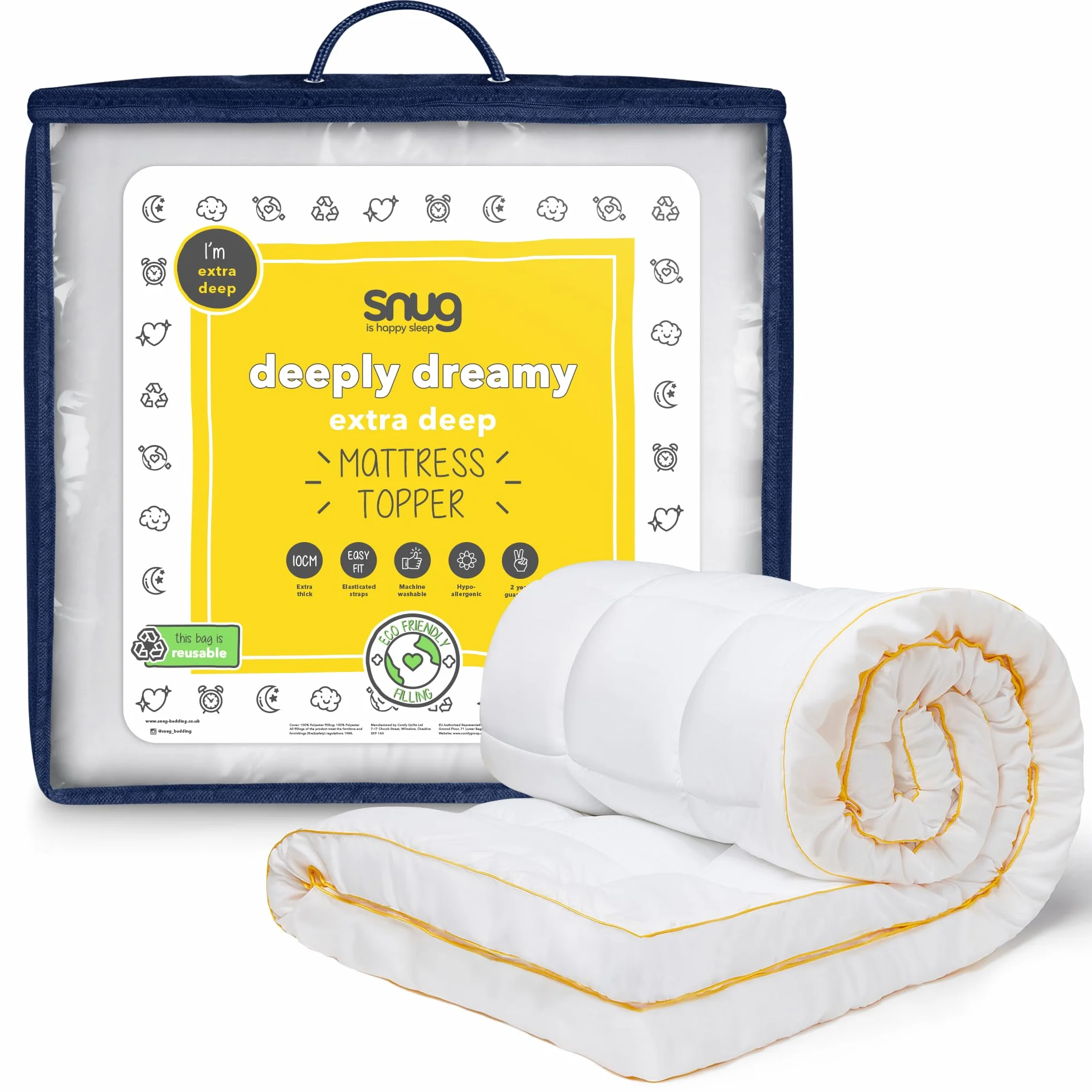 Snug Deeply Dreamy - Cubrecolchón para Cama Doble, 10 cm, Extra Grueso, con Correas elásticas, Acolchado, cómodo, súper Suave, hipoalergénico, Lavable a máquina, Doble, 190 x 135 cm