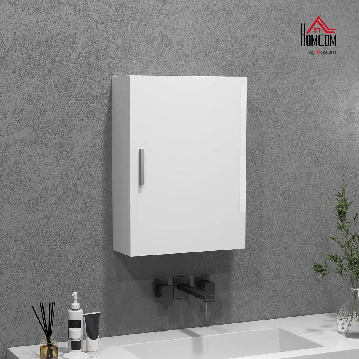 HOMCOM Armario de Baño Pared, Mueble de Baño Colgar con Estantes Ajustables de Vidrio Templado, Ahorro de Espacio, Armario Multiusos para Colgar para Entrada, 40x15x55 cm, Blanco Brillo