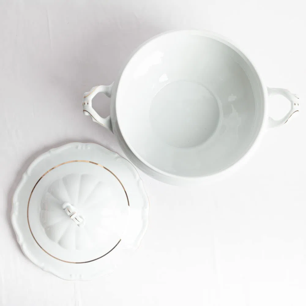 Sopera de porcelana blanca (3 l) Rhein, 1 tapa de porcelana, filo de oro