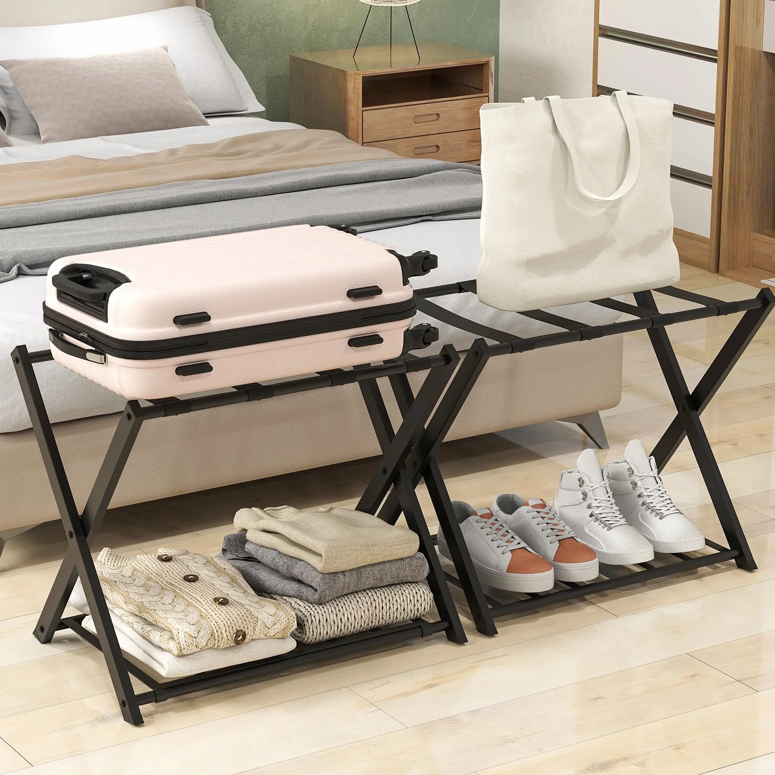 GIANTEX Portaequipajes Plegable simple, Portaequipajes de Metal para Ahorro de Espacio, Utilizar en Habitaciones, Hoteles, 68 x 43 x 58 cm (Negro)