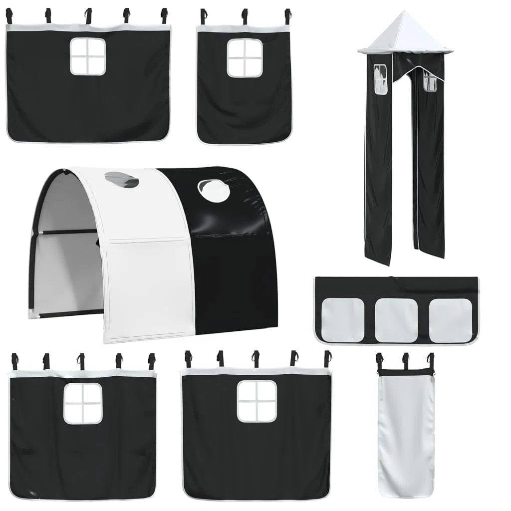 vidaXL Cortinas para Cama Alta con Túnel y Torre, Cortinas para Litera con Bolsillos, Dosel para Niños, Decoraciones para Dormitorio, Blanco y Negro