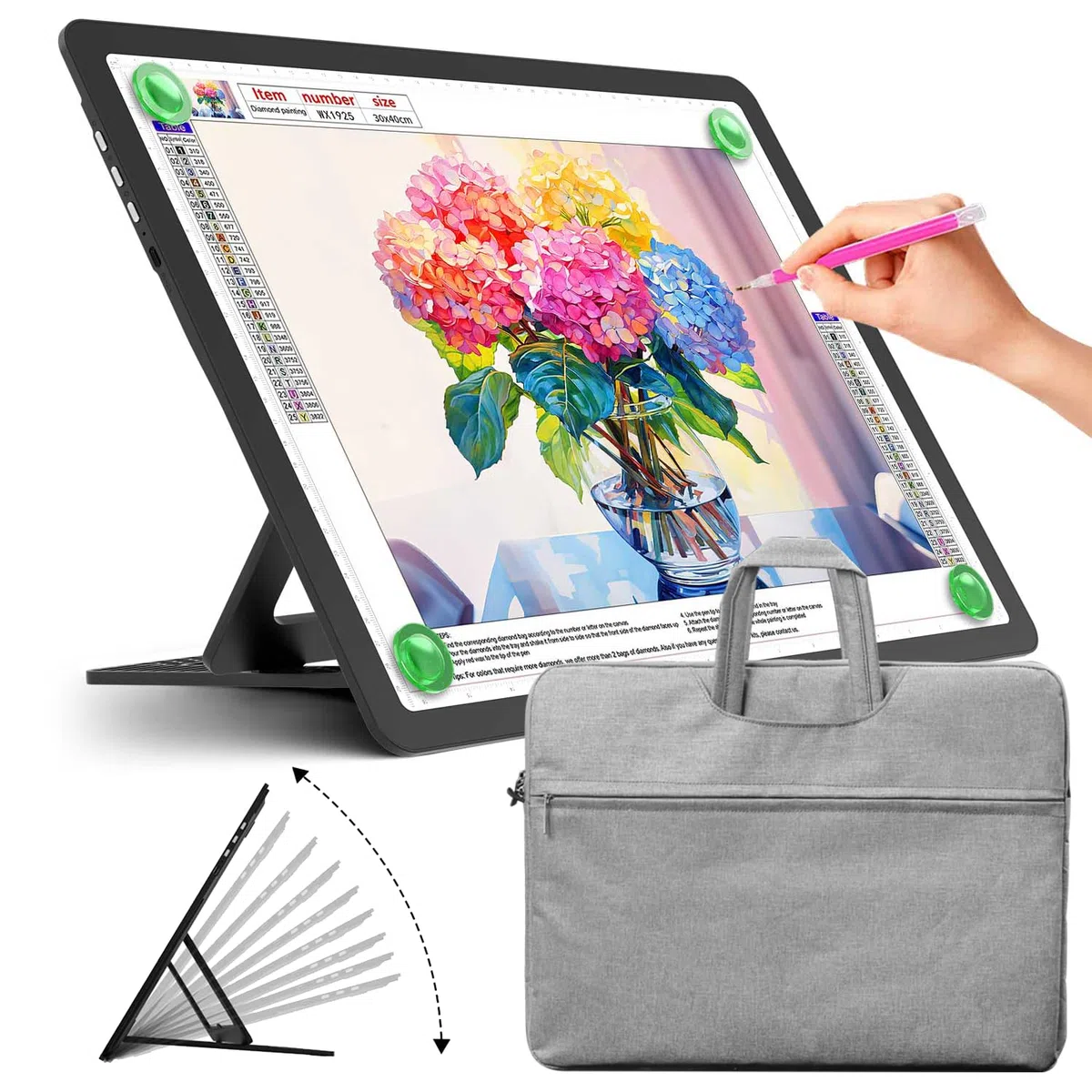 Zocelight Tablero de luz recargable A3 con bolsa y soporte, caja de luz magnética superbrillante para trazar, diseño de botón lateral, almohadilla de luz para pintura de diamantes, bocetos, vinilo de
