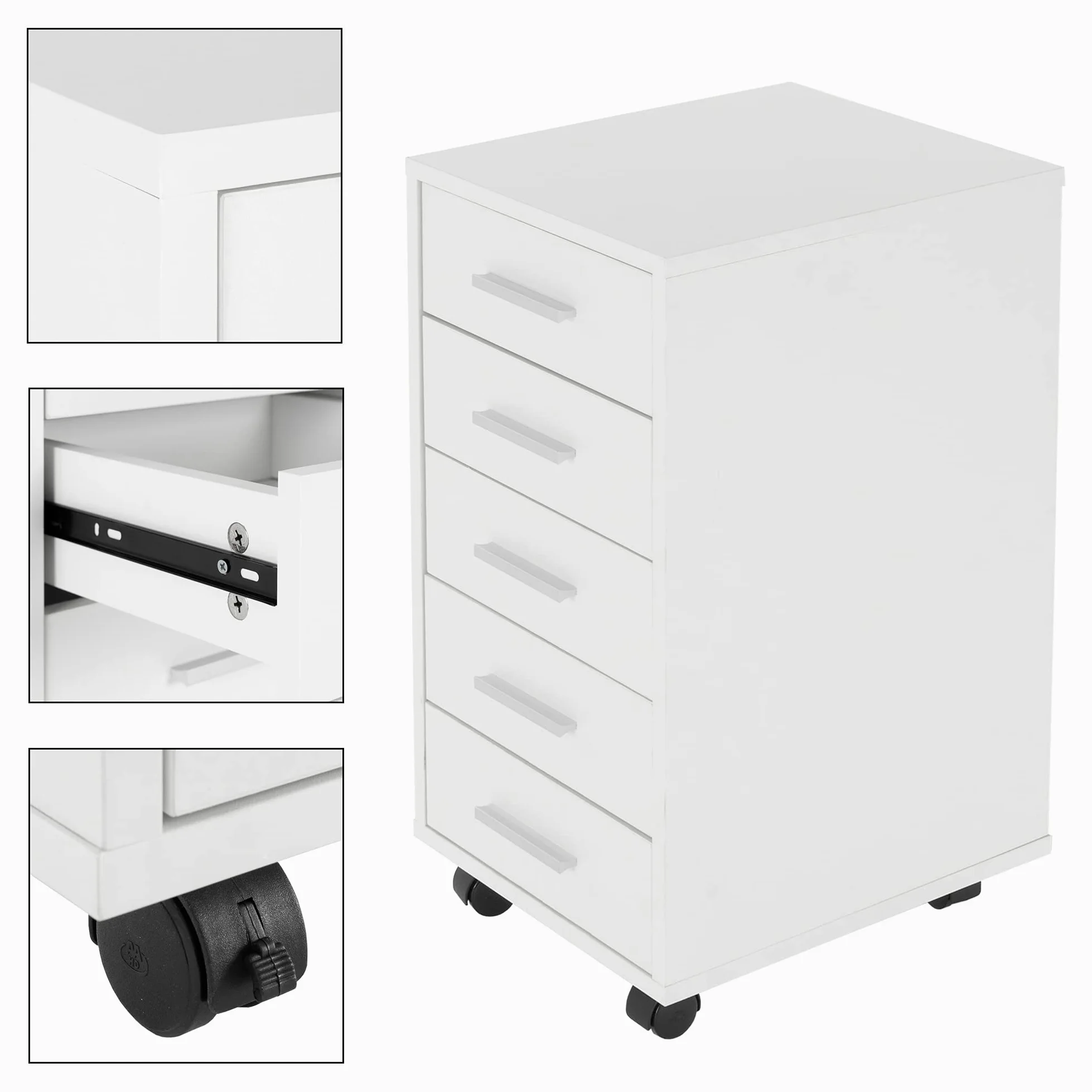 ML-Design Archivador Móvil para Oficina 33 x 38 x 63,5 cm Blanco, Cajonera de Escritorio con 5 Cajones Revestida de Melamina y Asas de Aluminio Mueble de Despacho Armario para Almacenamiento