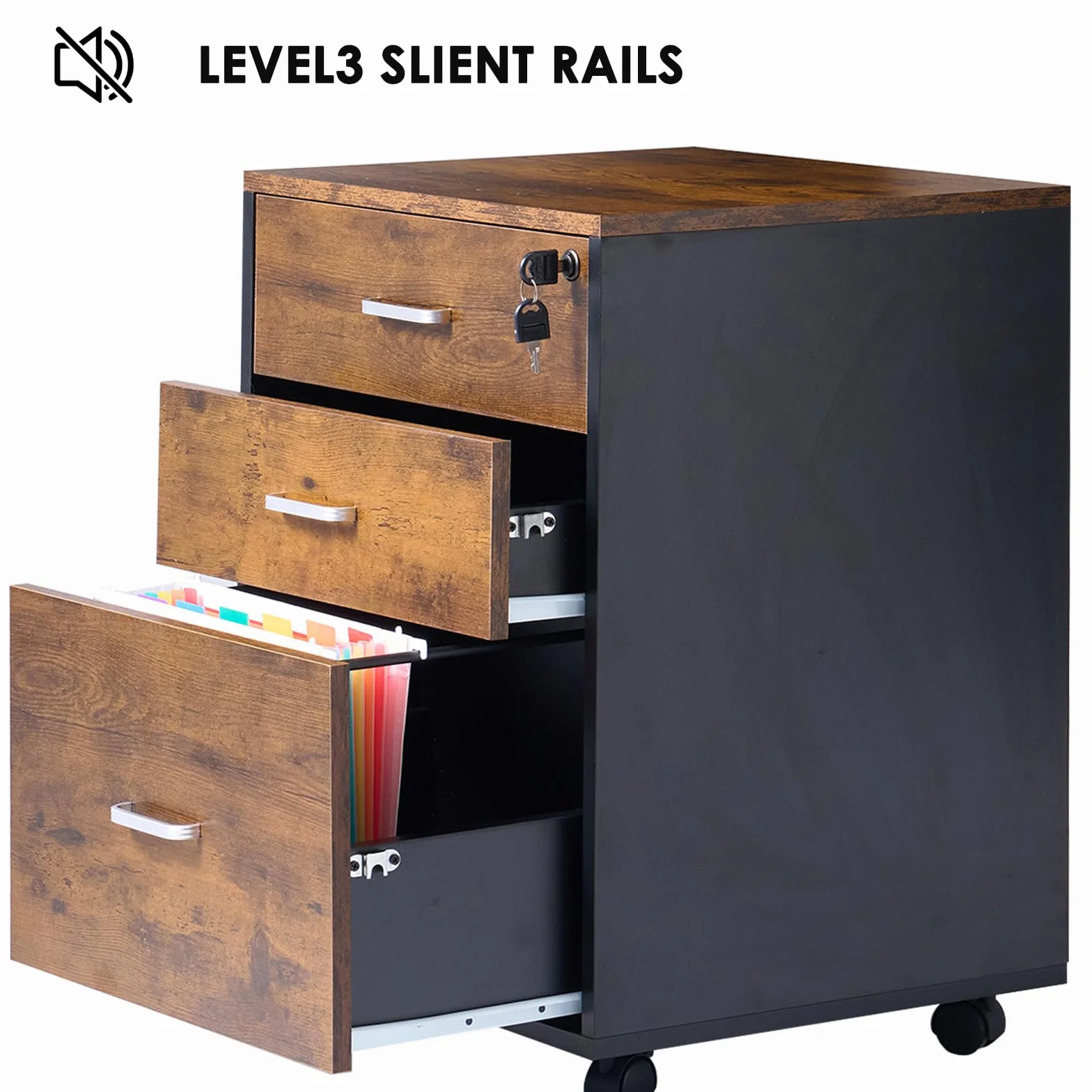 SogesPower Mueble Archivador de 3 cajones, Armario Móvil, con ruedas universales fijas, cerradura de cajón, 48 x 42 x 65 cm, Vintage Marrón
