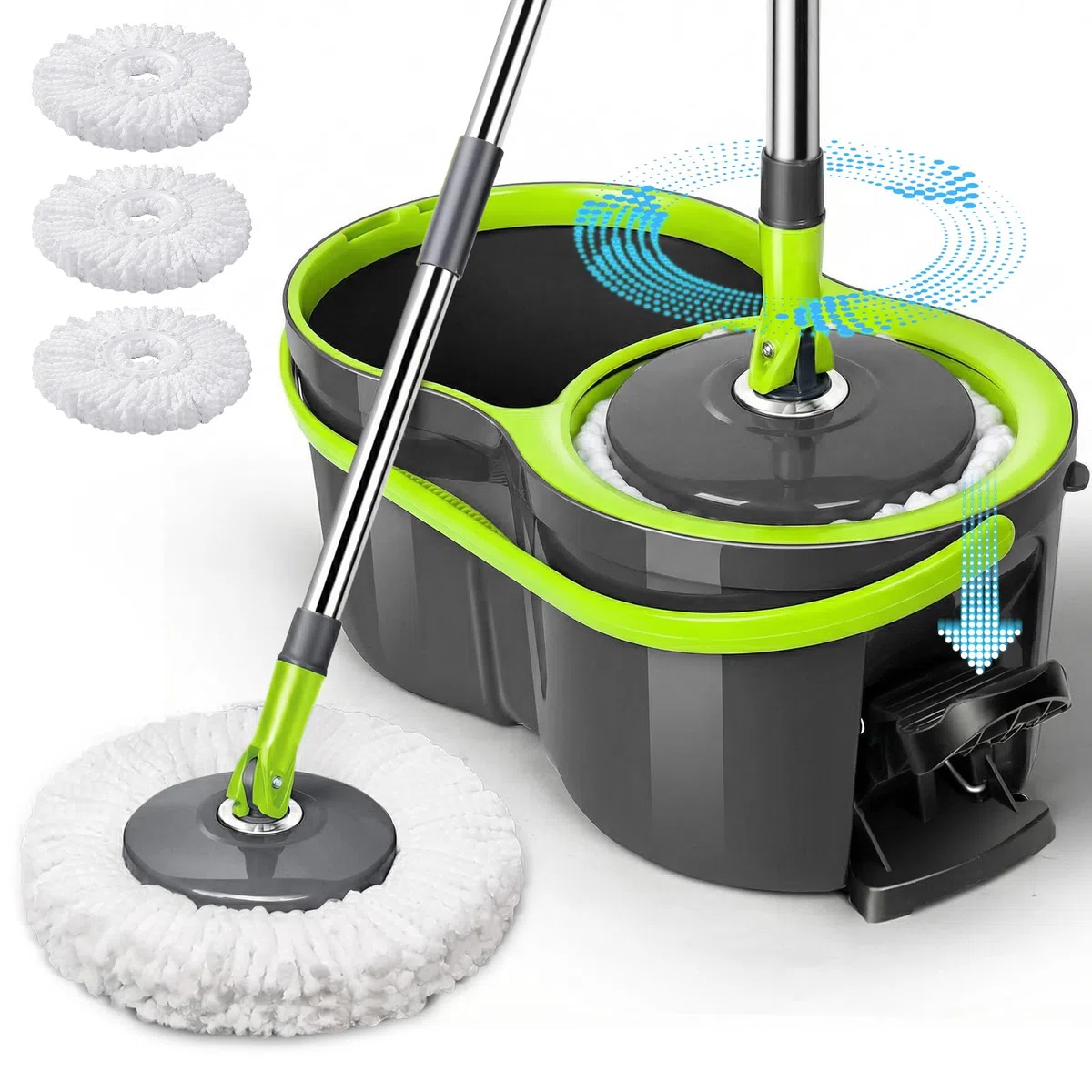 Masthome Juego de Fregona y Cubo,Sistema de Cubo de Fregona Giratoria,con 3 Almohadillas de fregona,2 en 1 Fregonas y Cubos Escurrefacil con Pedal,Adecuado para el hogar o la Oficina