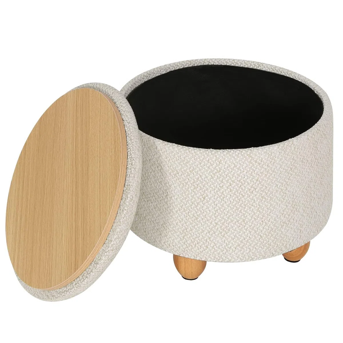 WOLTU Taburete Redondo de Almacenamiento, Puff Baúl Almacenaje con Tapa Bandeja Extraíble, Reposapiés Sofá Multiusos, Asiento de Lino Grueso, Ø 39x33 cm, Blanco Crema