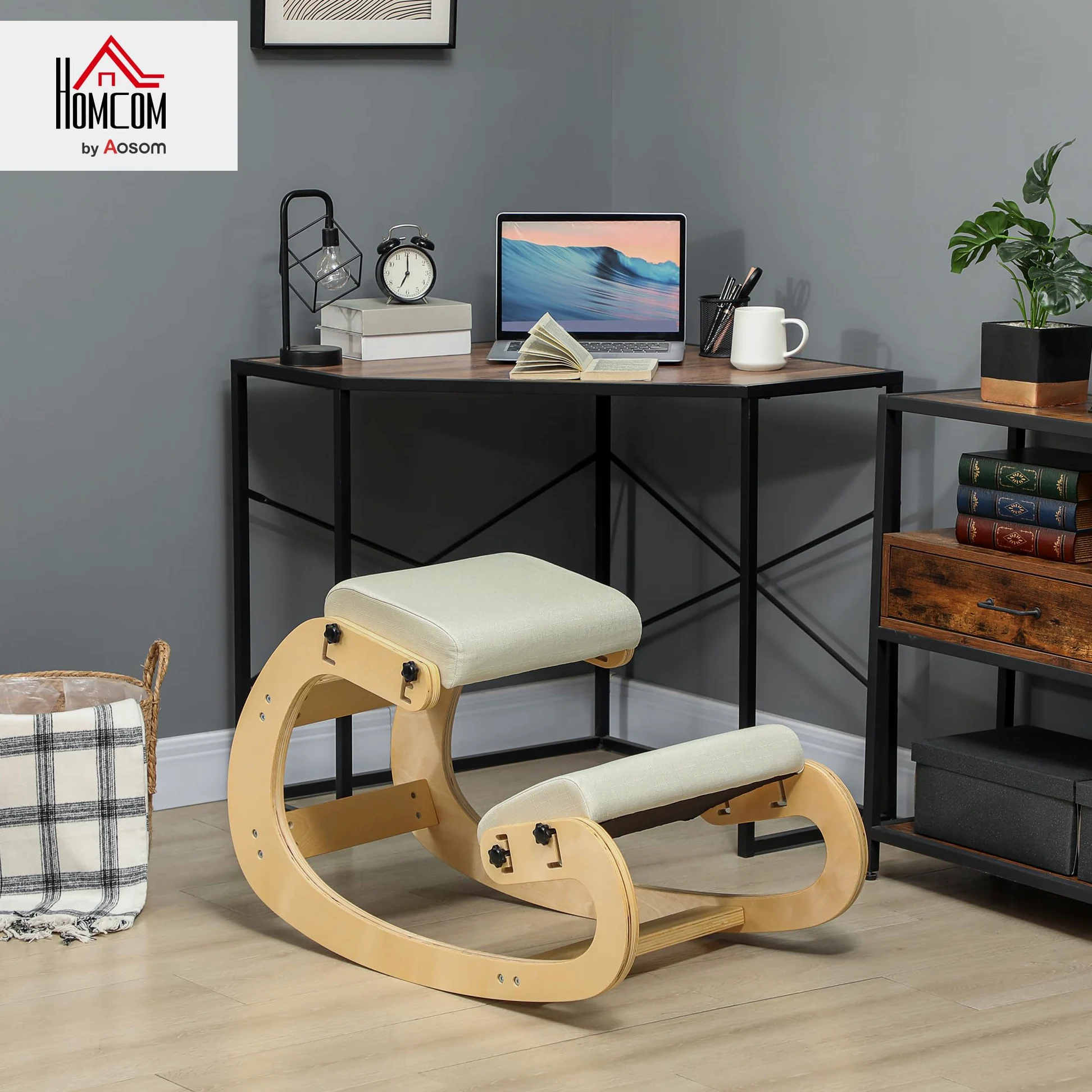 HOMCOM Silla de Rodillas, Mecedora ergonómica de Madera, Silla de Rodillas Ajustable para la Oficina en casa, Mejorar la Postura, Dolor de Espalda, Crema