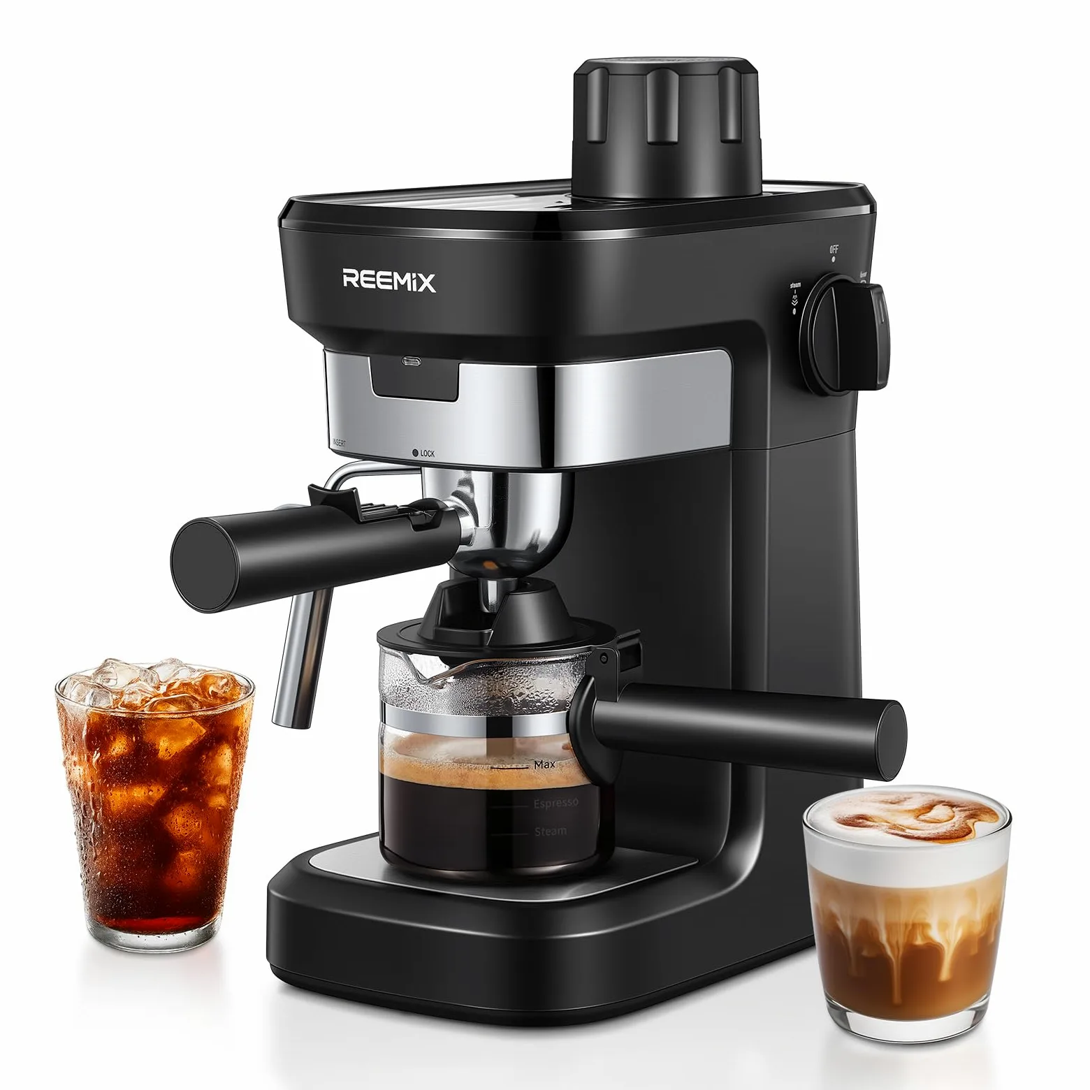 Reemix Máquina de Café Espresso Manual 6 Bar para Café Molido, Cafetera Compacta con Función Vapor y Espumador de Leche, Cappuccino Cremoso, Calientatazas, Jarra de Cristal, Negra