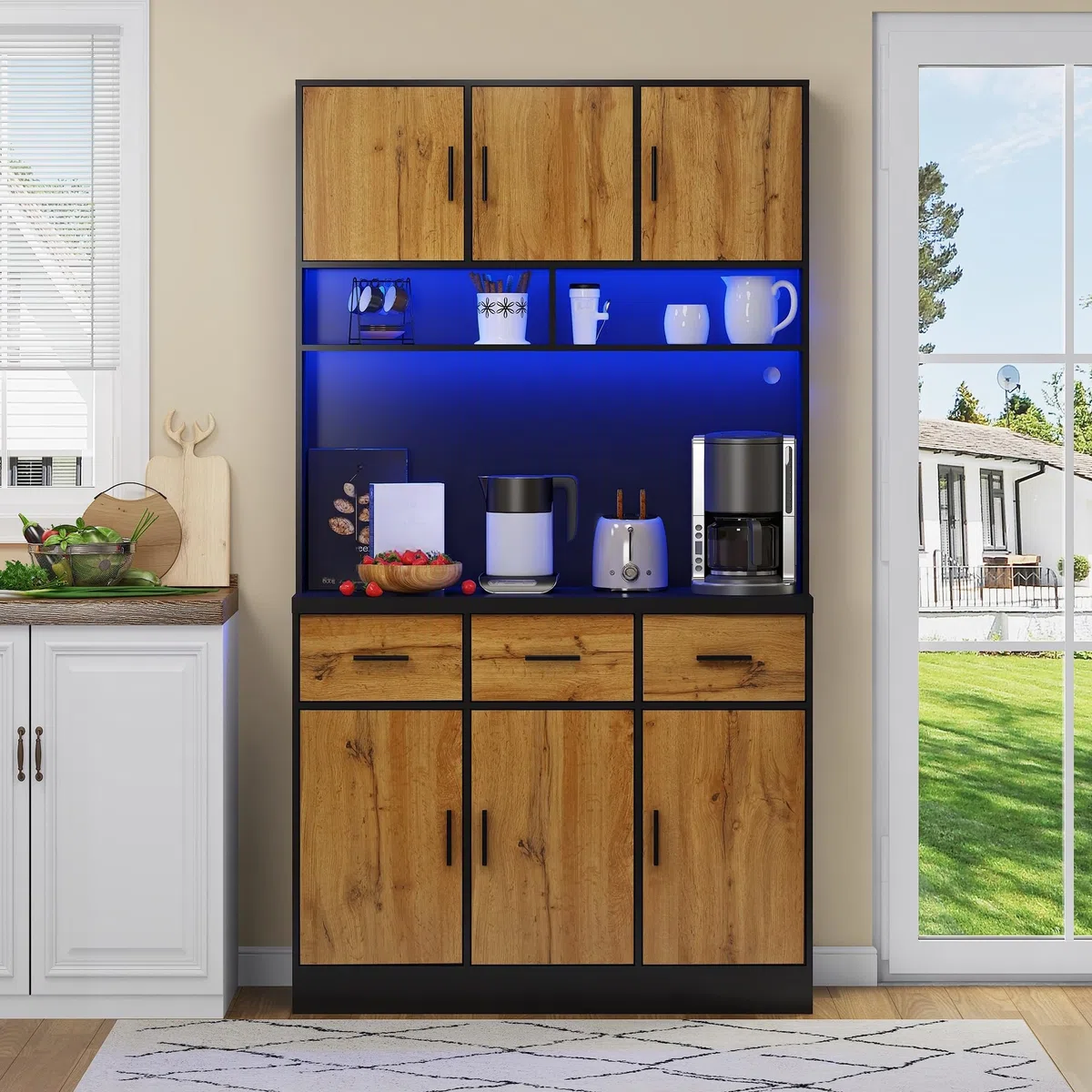 LAKFEW Alacena de Cocina con Enchufe y Iluminación LED, Armario Cocina con 6 Puertas y 3 Cajones, Alacena Cocina con Estantes Ajustables y Dispositivo Antivuelco, 100x40x180 cm, Negro+Natural