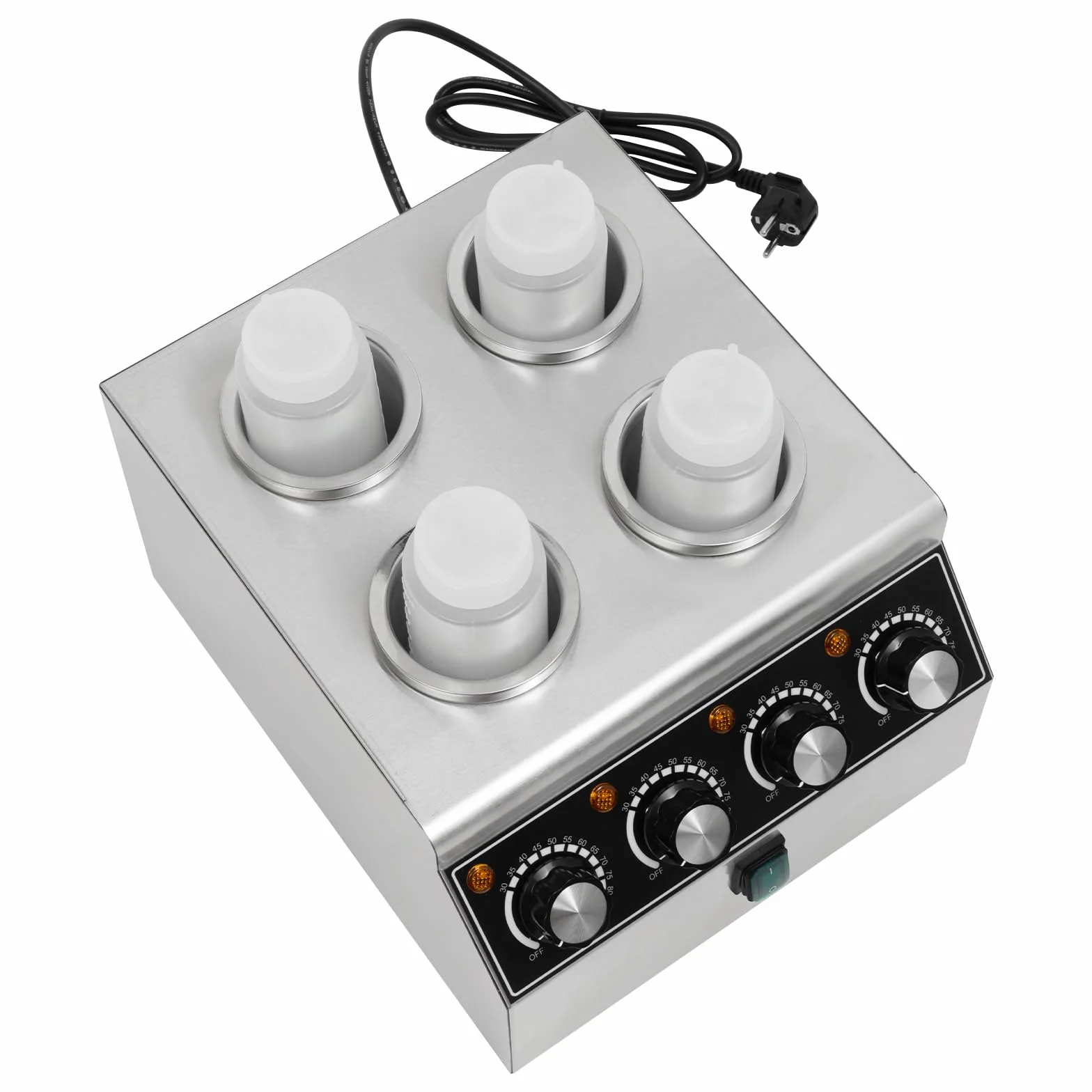 Calentador de salsas eléctrico, 800 W, con 4 botellas de PVC, máquina de calentamiento de salsas de acero inoxidable, 30-85 ℃, para mantener diferentes salsas calientes